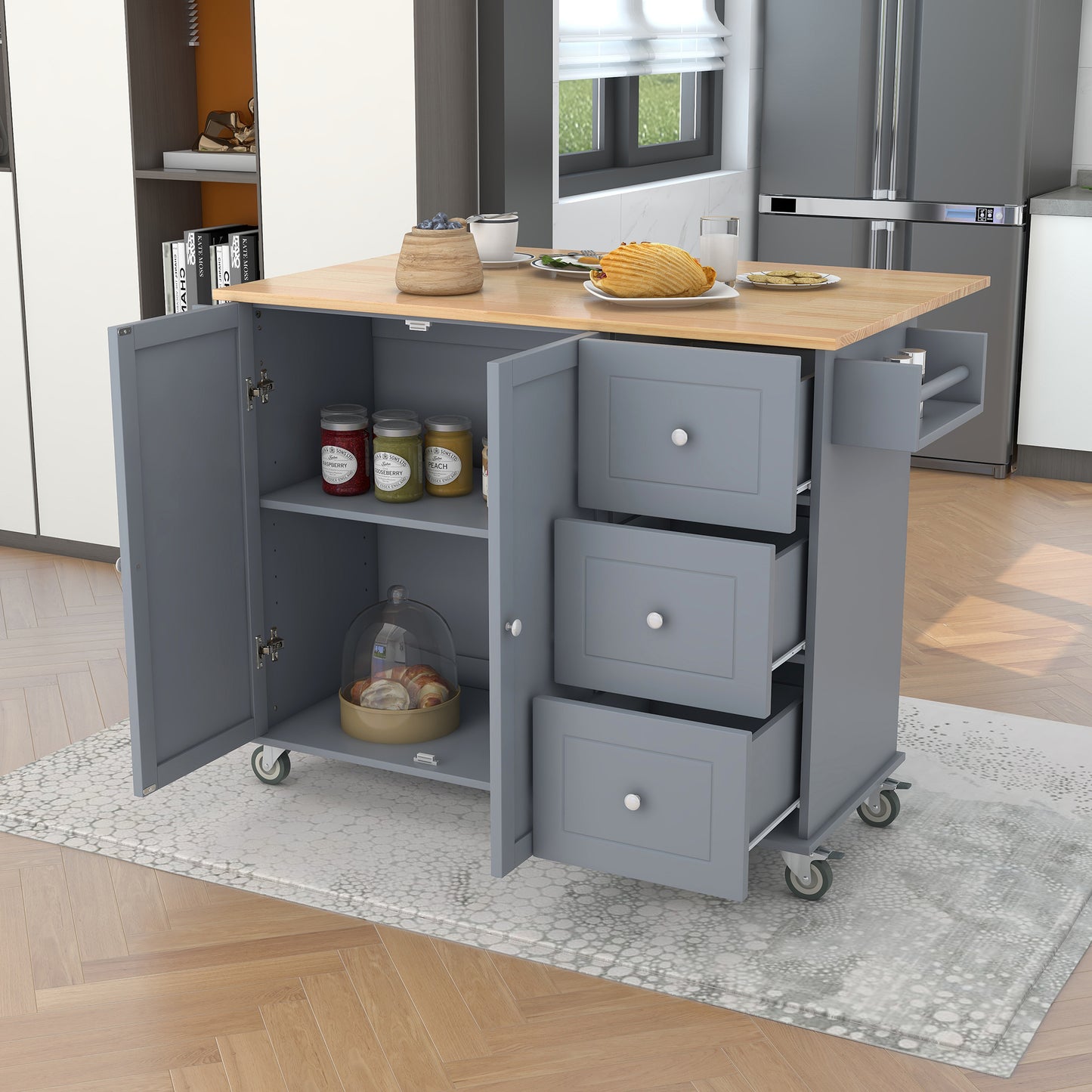 Rolling Mobile Kitchen Island with Solid Wood Top, 52.7 Width, Locking Wheels, Storage Cabinet, Drop Leaf Breakfast Bar - Grey Blue