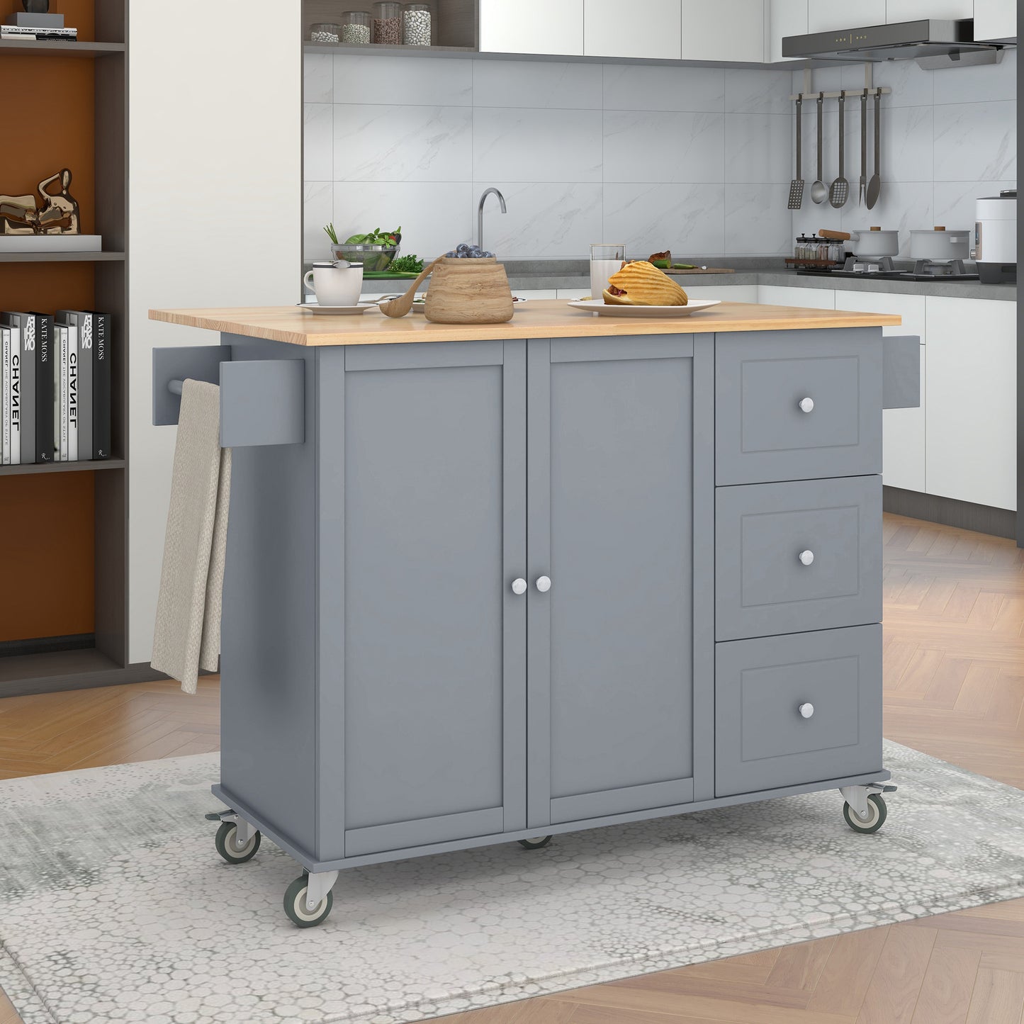 Rolling Mobile Kitchen Island with Solid Wood Top, 52.7 Width, Locking Wheels, Storage Cabinet, Drop Leaf Breakfast Bar - Grey Blue