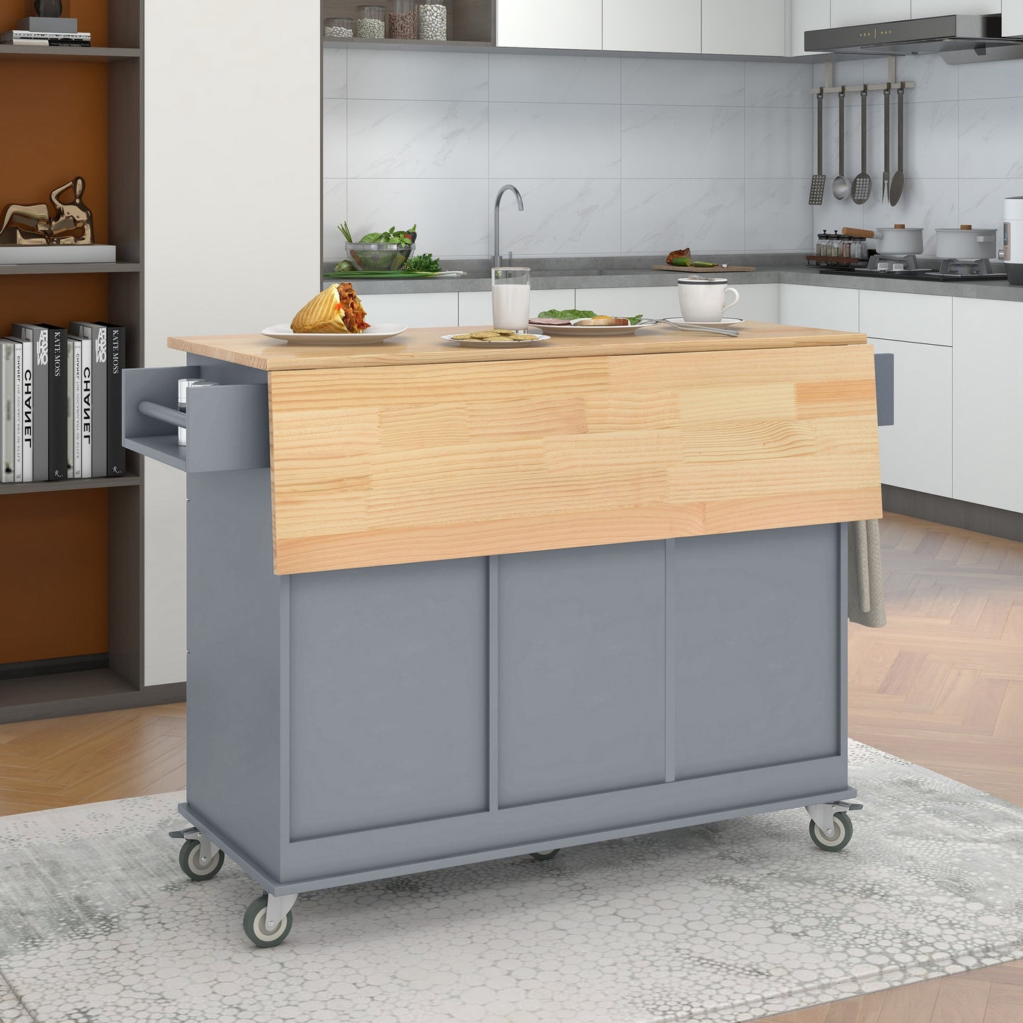 Rolling Mobile Kitchen Island with Solid Wood Top, 52.7 Width, Locking Wheels, Storage Cabinet, Drop Leaf Breakfast Bar - Grey Blue