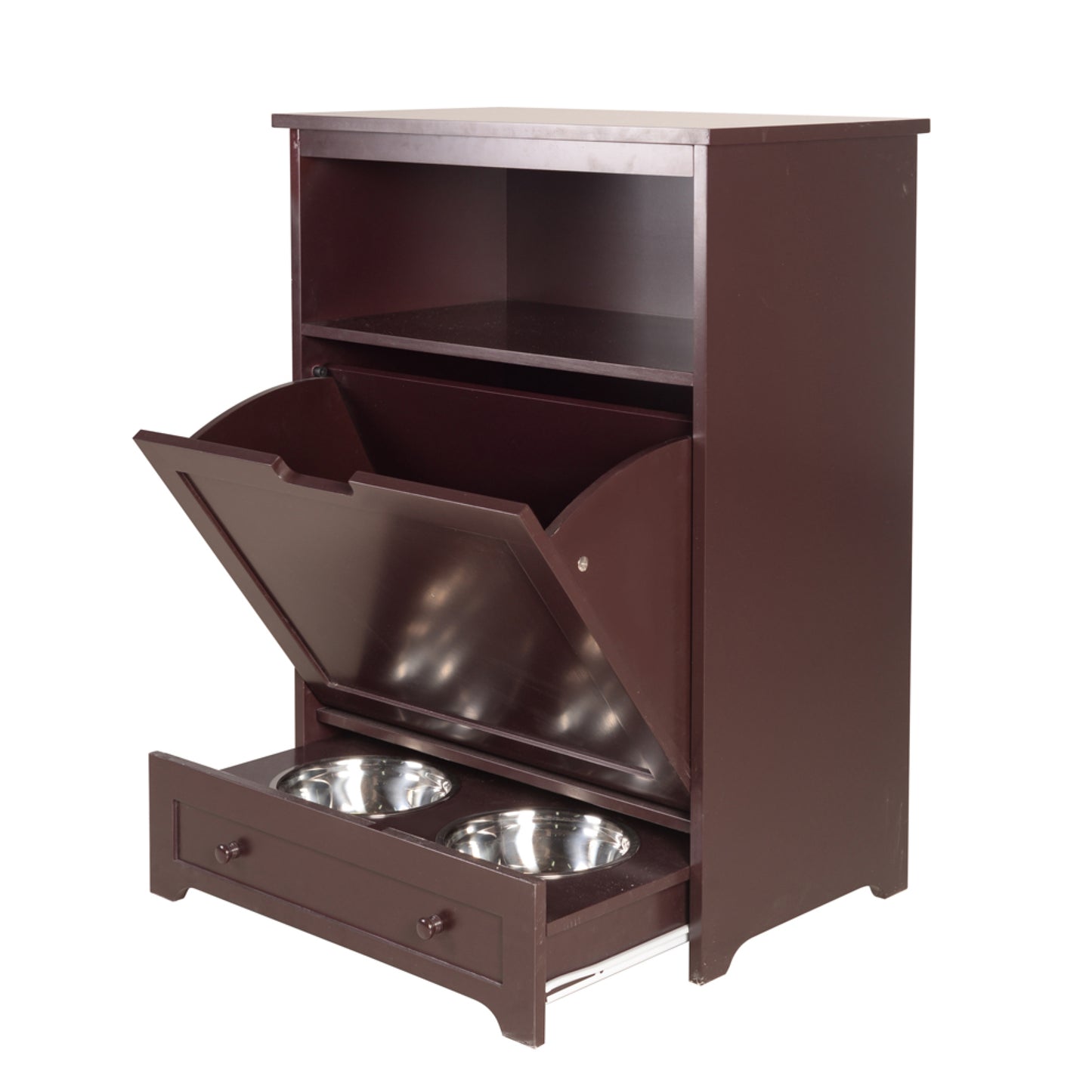 Pet Feeder Station with Storage - Waterproof MDF Cabinet for Dogs & Cats, Includes Stainless Steel Bowls, Stylish Feeding Solution