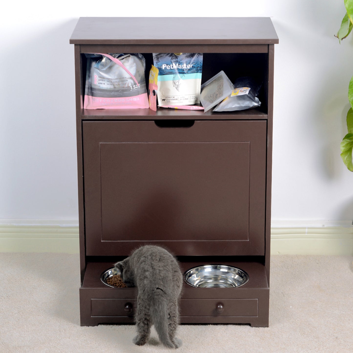 Pet Feeder Station with Storage - Waterproof MDF Cabinet for Dogs & Cats, Includes Stainless Steel Bowls, Stylish Feeding Solution