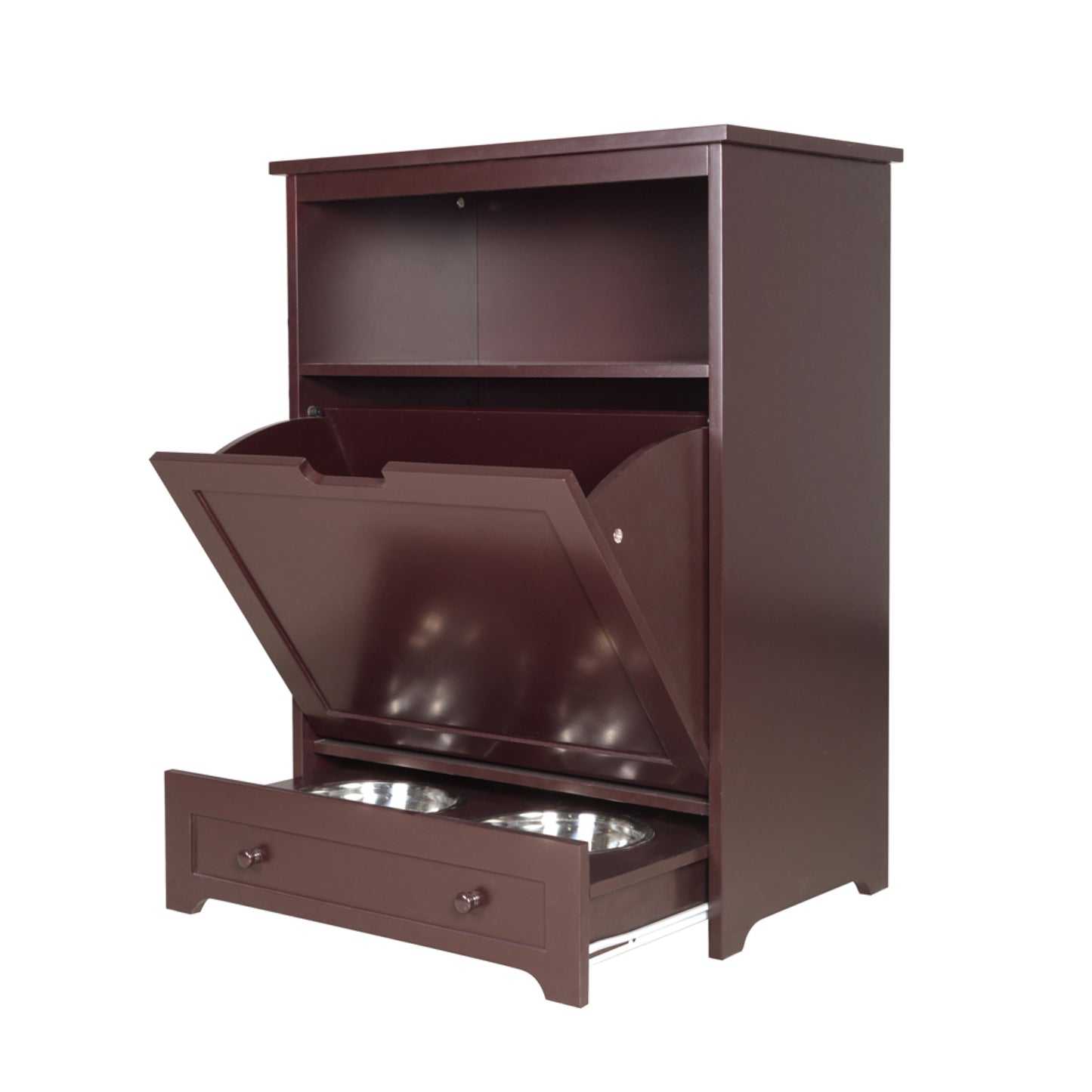 Pet Feeder Station with Storage - Waterproof MDF Cabinet for Dogs & Cats, Includes Stainless Steel Bowls, Stylish Feeding Solution