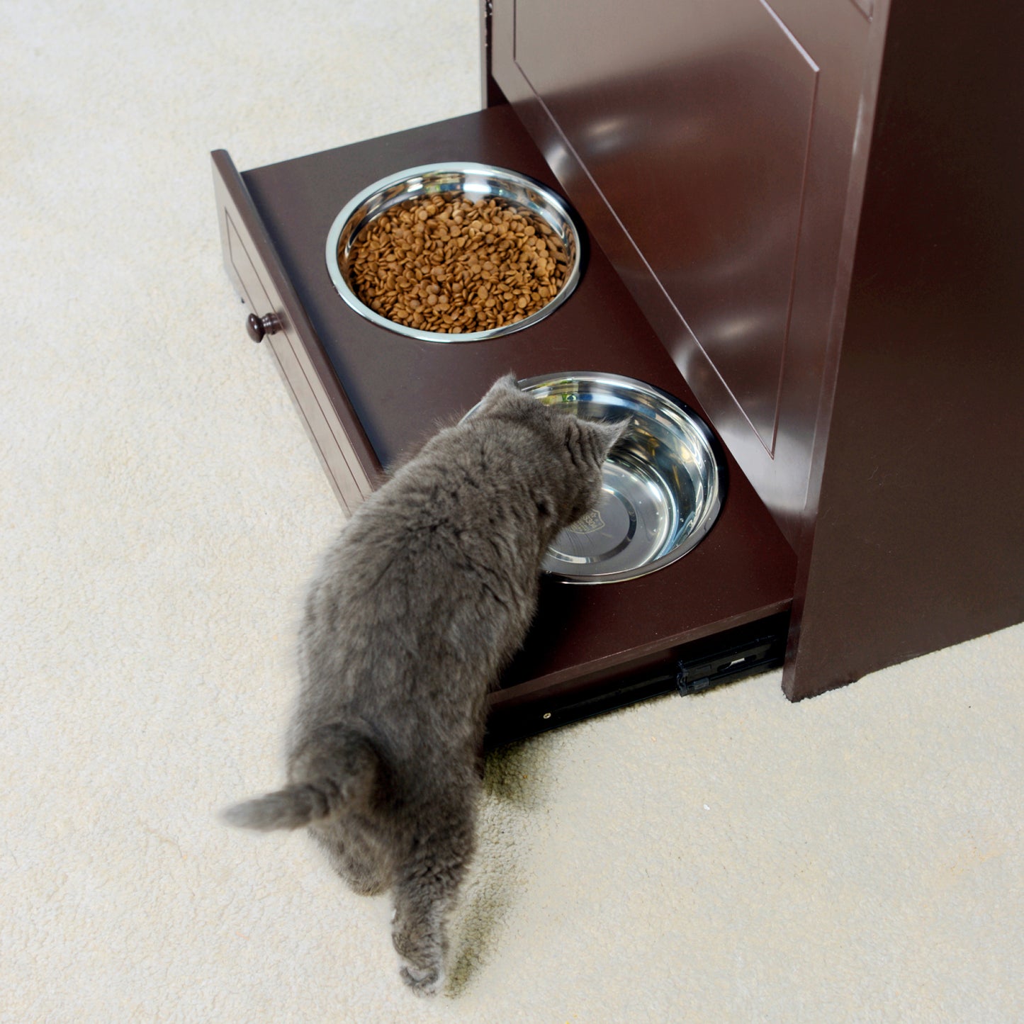 Pet Feeder Station with Storage - Waterproof MDF Cabinet for Dogs & Cats, Includes Stainless Steel Bowls, Stylish Feeding Solution