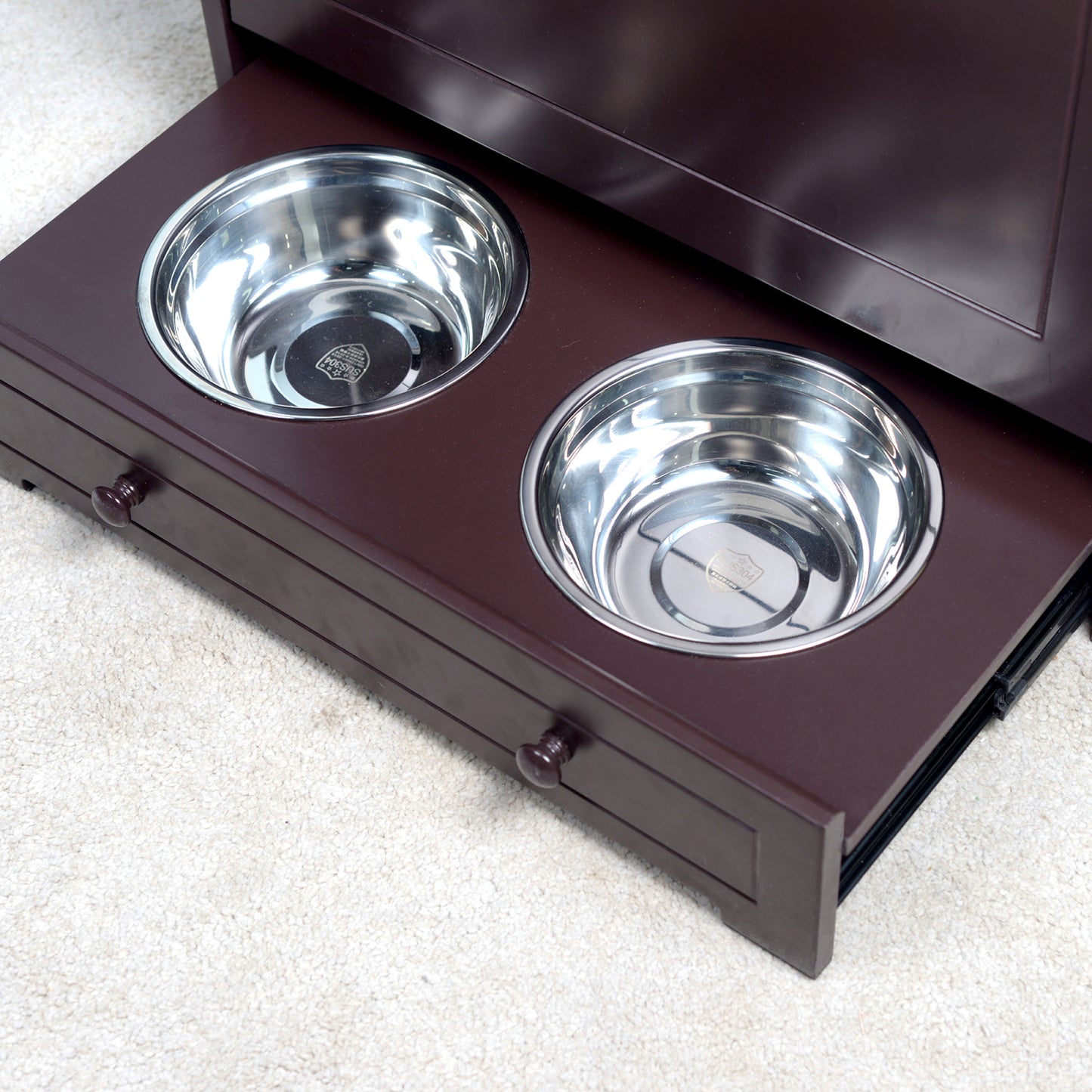 Pet Feeder Station with Storage - Waterproof MDF Cabinet for Dogs & Cats, Includes Stainless Steel Bowls, Stylish Feeding Solution