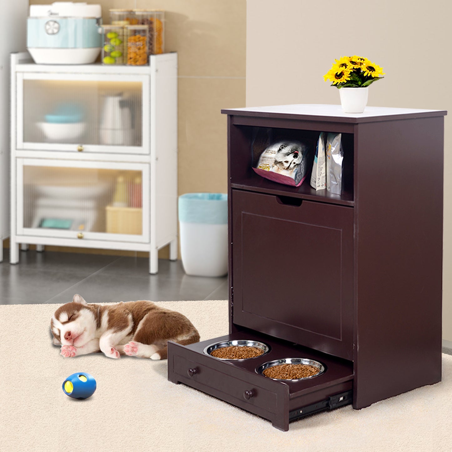 Pet Feeder Station with Storage - Waterproof MDF Cabinet for Dogs & Cats, Includes Stainless Steel Bowls, Stylish Feeding Solution