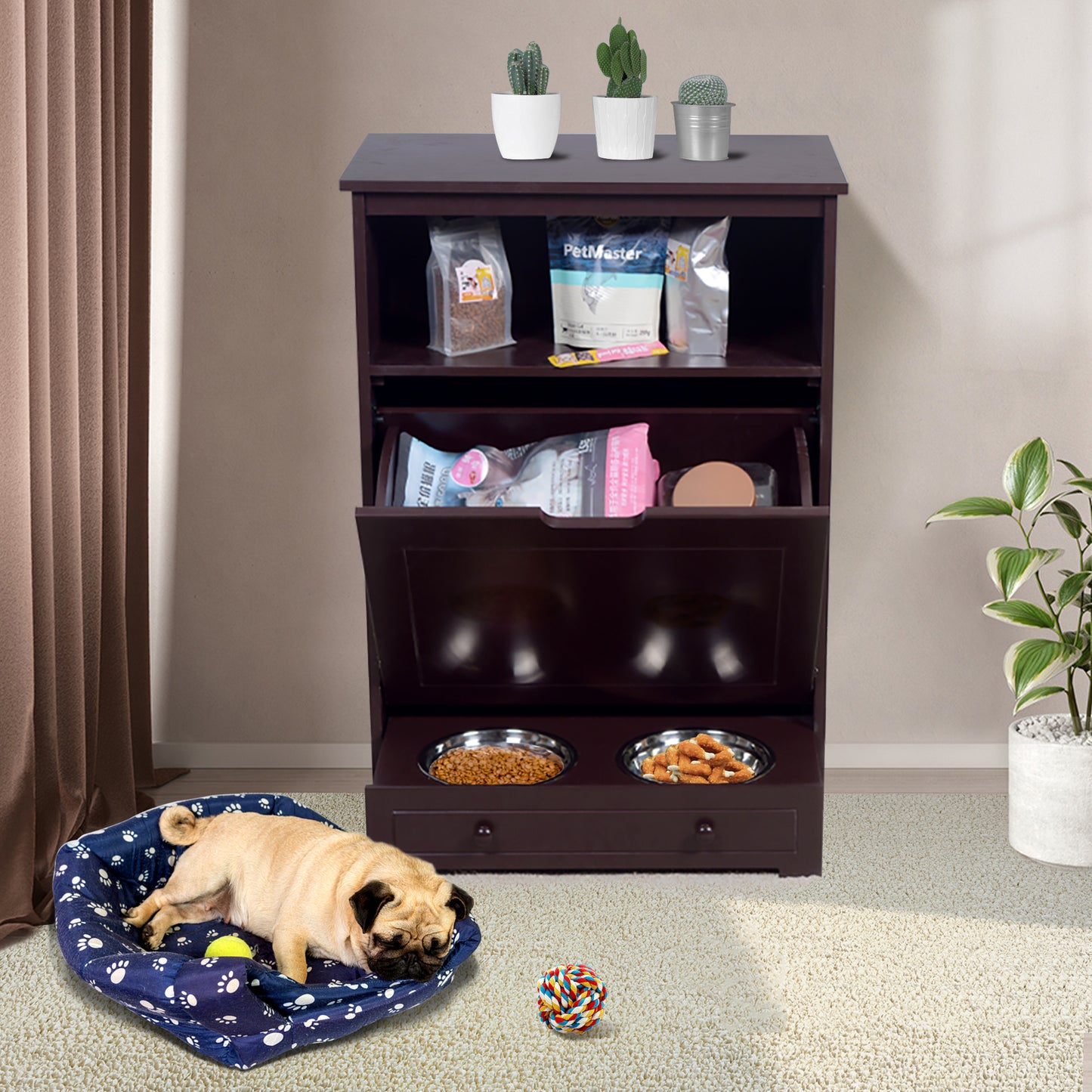 Pet Feeder Station with Storage - Waterproof MDF Cabinet for Dogs & Cats, Includes Stainless Steel Bowls, Stylish Feeding Solution