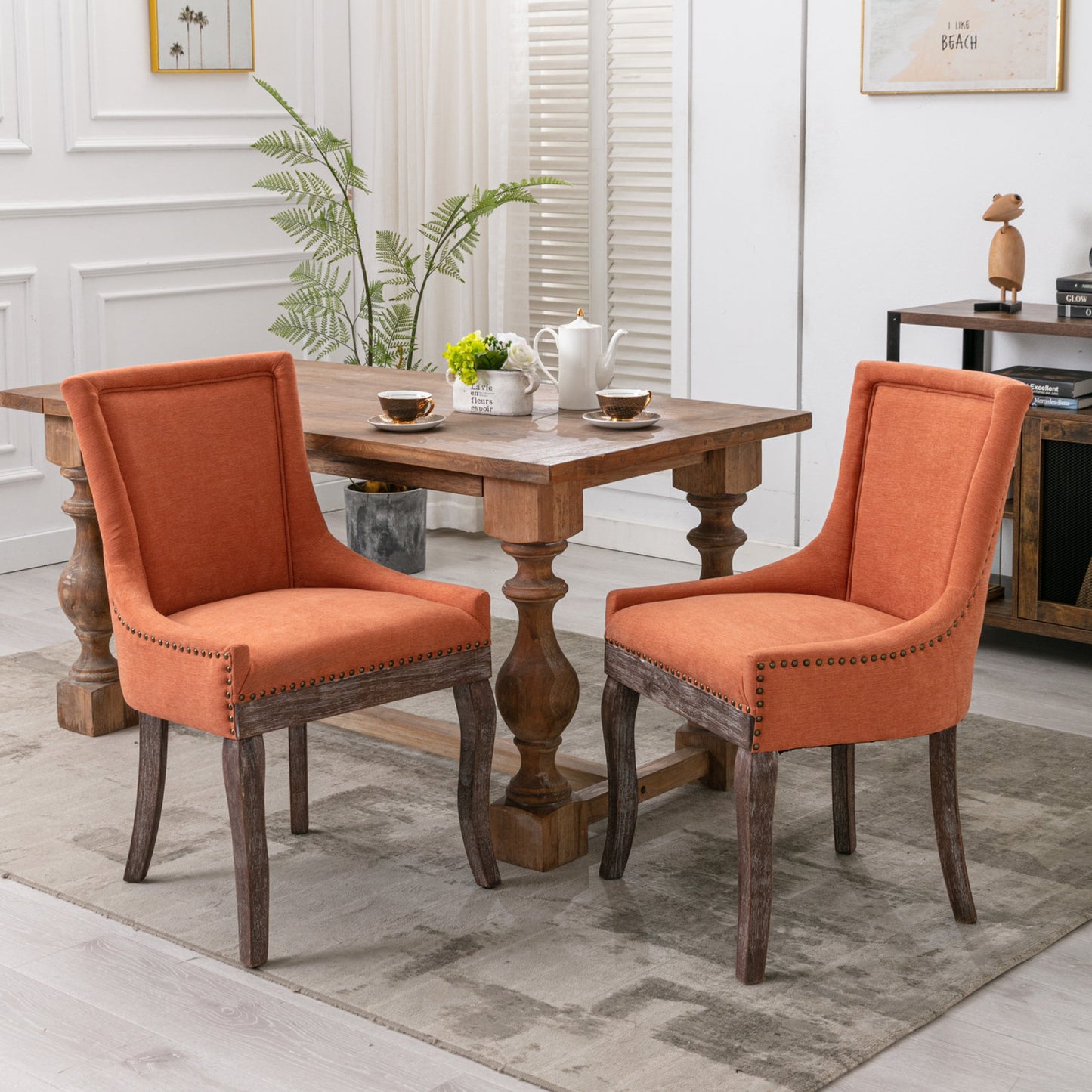 Set of 2 Ultra Side Dining Chairs, Thickened Fabric with Solid Wood Legs, Bronze Nailhead, Neutrally Toned, Stylish Orange