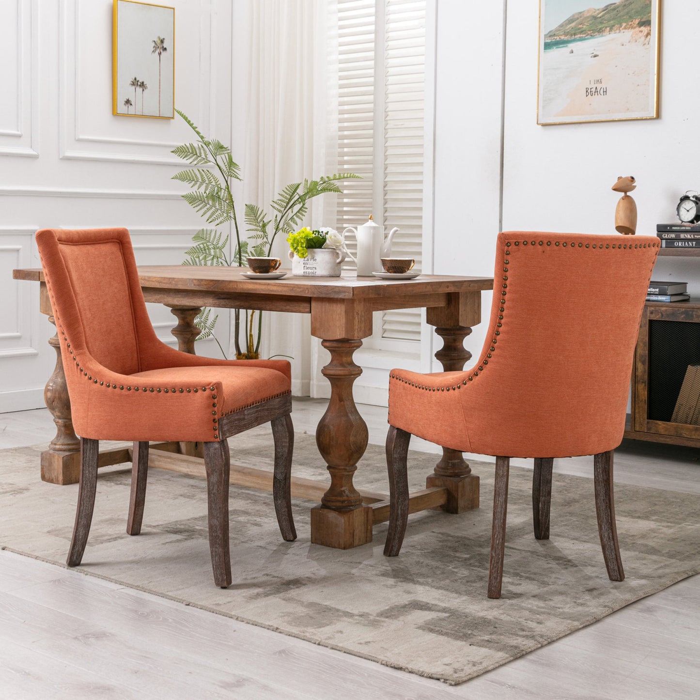 Set of 2 Ultra Side Dining Chairs, Thickened Fabric with Solid Wood Legs, Bronze Nailhead, Neutrally Toned, Stylish Orange