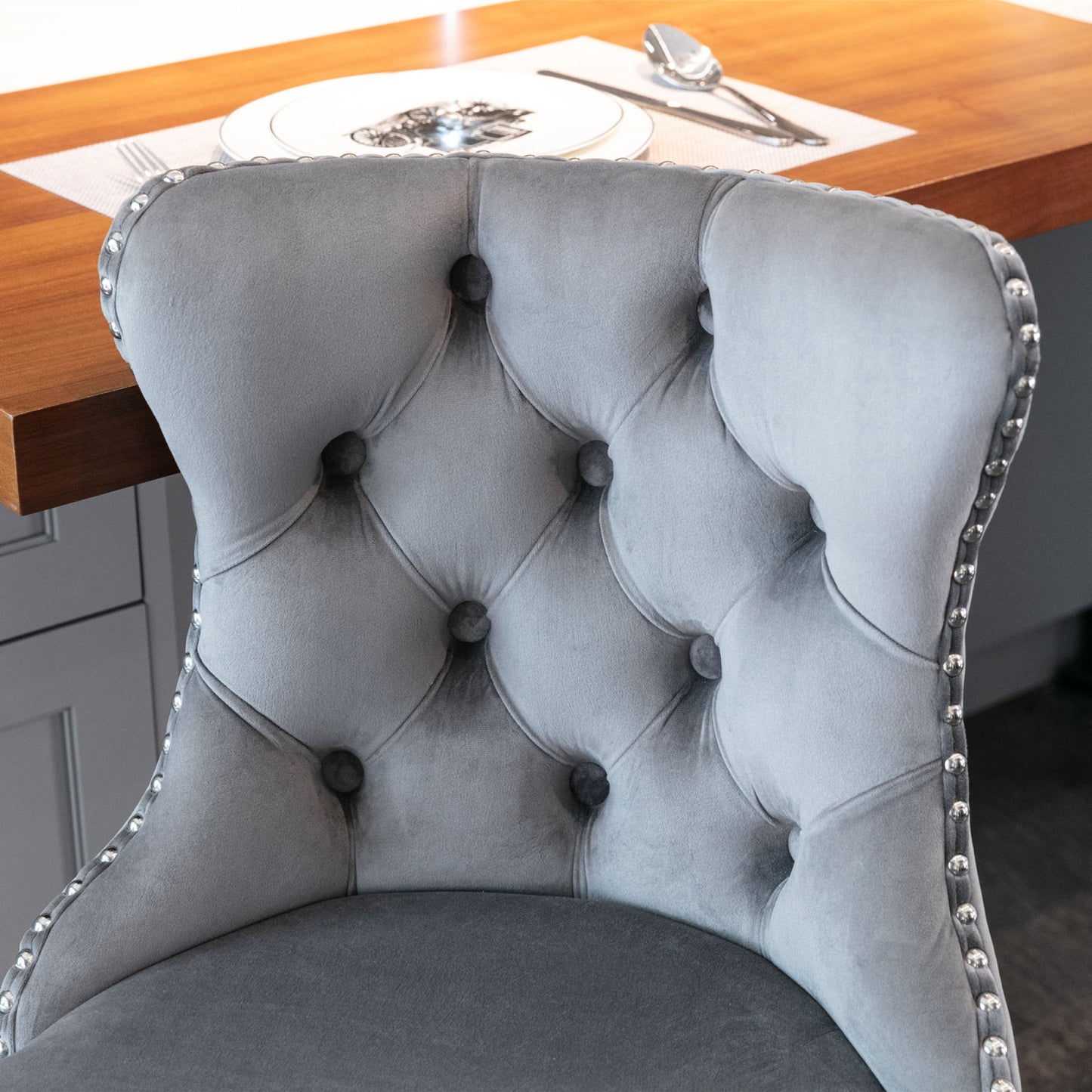 Modern Swivel Velvet Barstools with Adjustable Height 25-33 - Comfortable Tufted Upholstered Chrome Base (Gray, Set of 2)