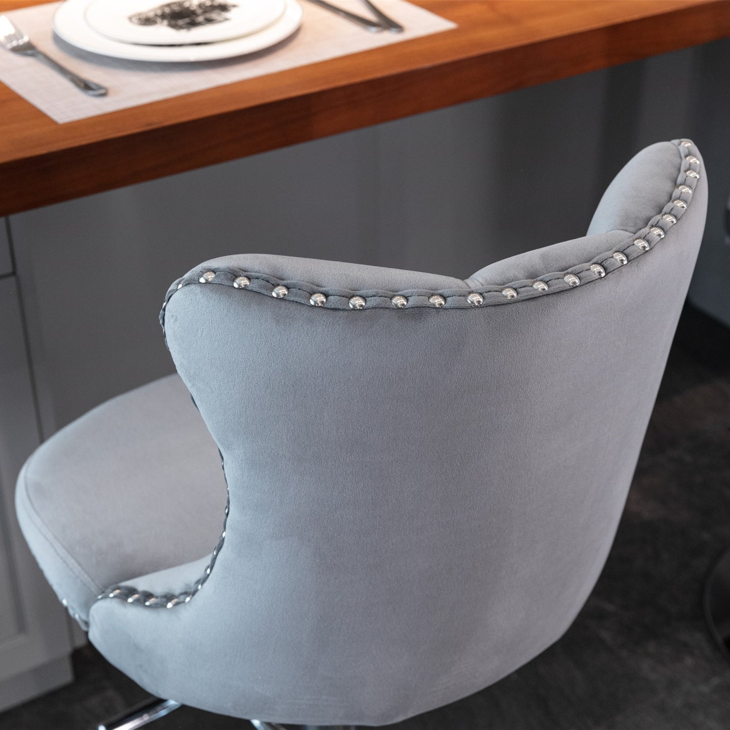 Modern Swivel Velvet Barstools with Adjustable Height 25-33 - Comfortable Tufted Upholstered Chrome Base (Gray, Set of 2)