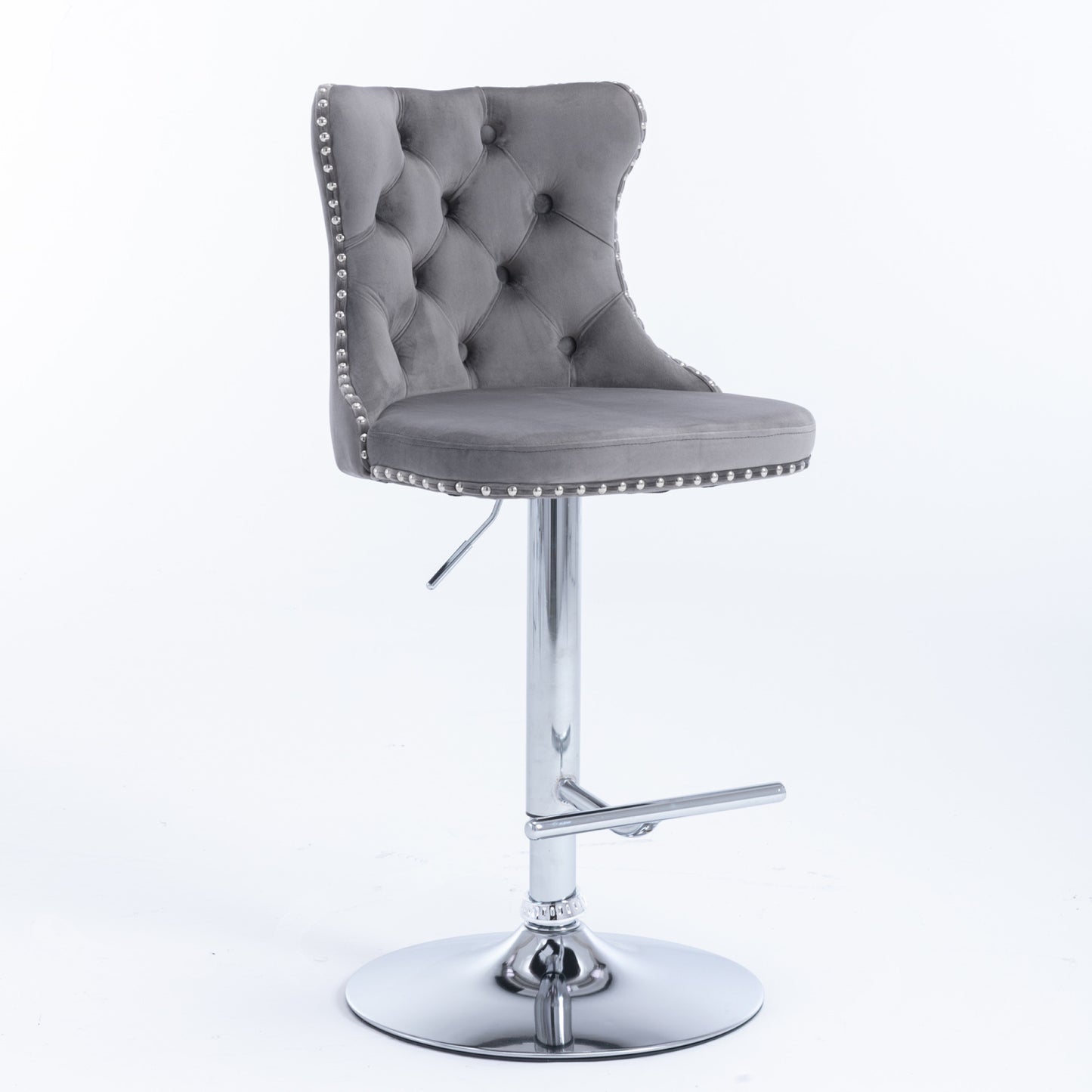 Modern Swivel Velvet Barstools with Adjustable Height 25-33 - Comfortable Tufted Upholstered Chrome Base (Gray, Set of 2)