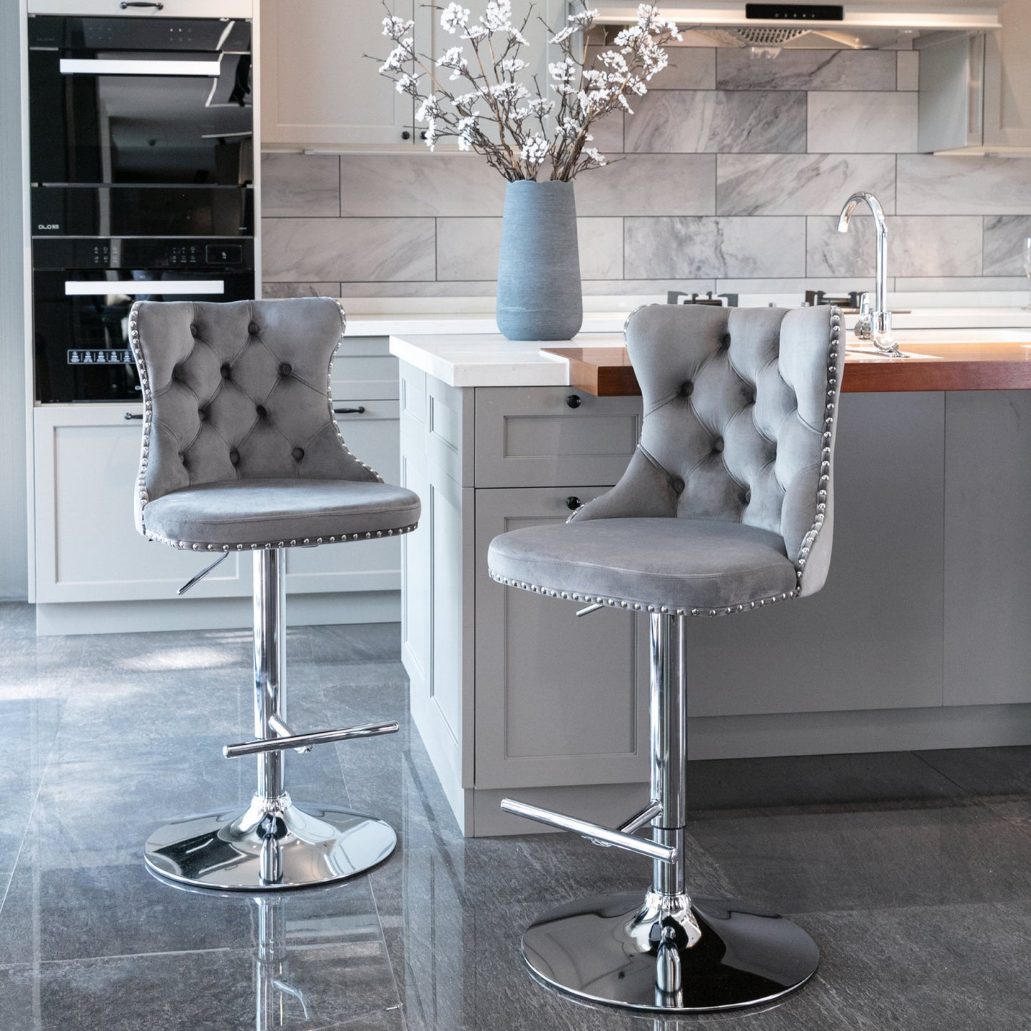 Modern Swivel Velvet Barstools with Adjustable Height 25-33 - Comfortable Tufted Upholstered Chrome Base (Gray, Set of 2)