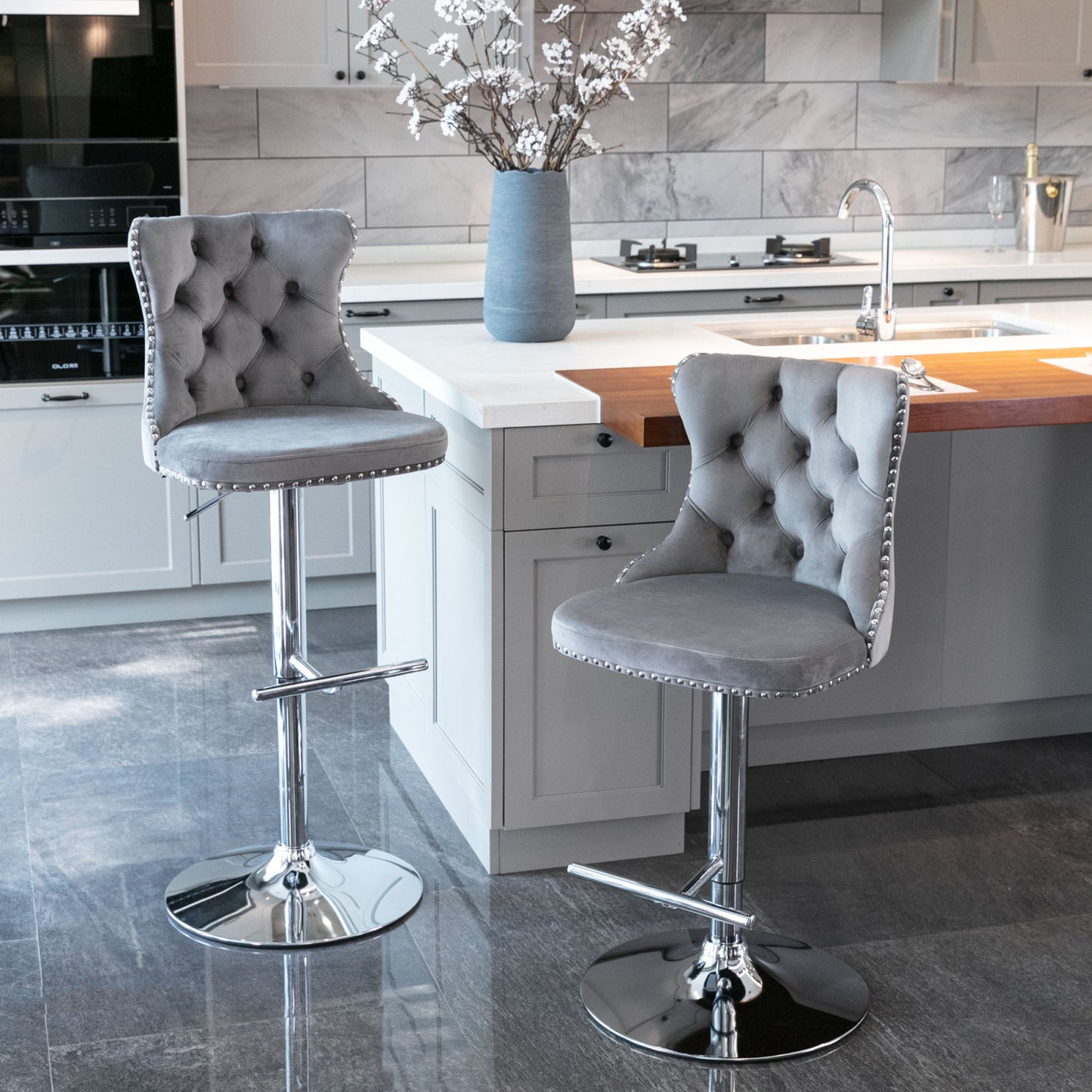 Modern Swivel Velvet Barstools with Adjustable Height 25-33 - Comfortable Tufted Upholstered Chrome Base (Gray, Set of 2)