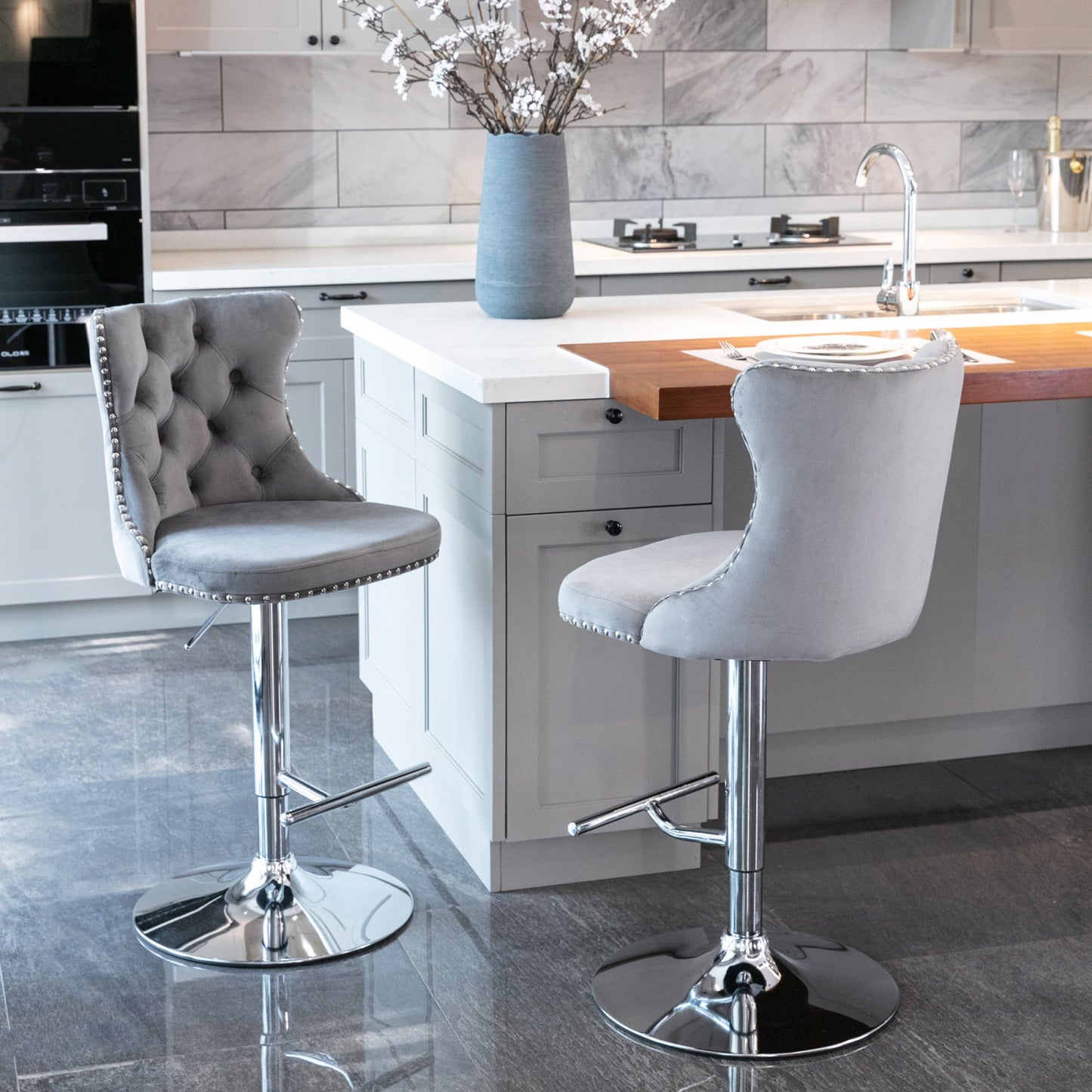 Modern Swivel Velvet Barstools with Adjustable Height 25-33 - Comfortable Tufted Upholstered Chrome Base (Gray, Set of 2)
