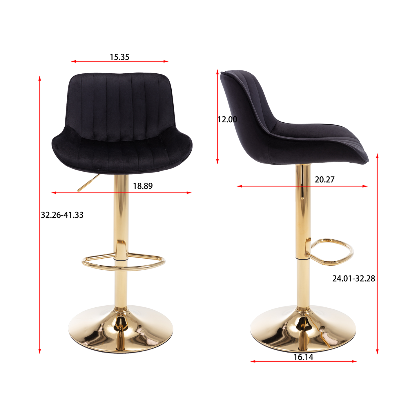 Set of 2 Adjustable Velvet Bar Stools with Chrome Footrest & Golden Legs, Swivel Design, Modern Black