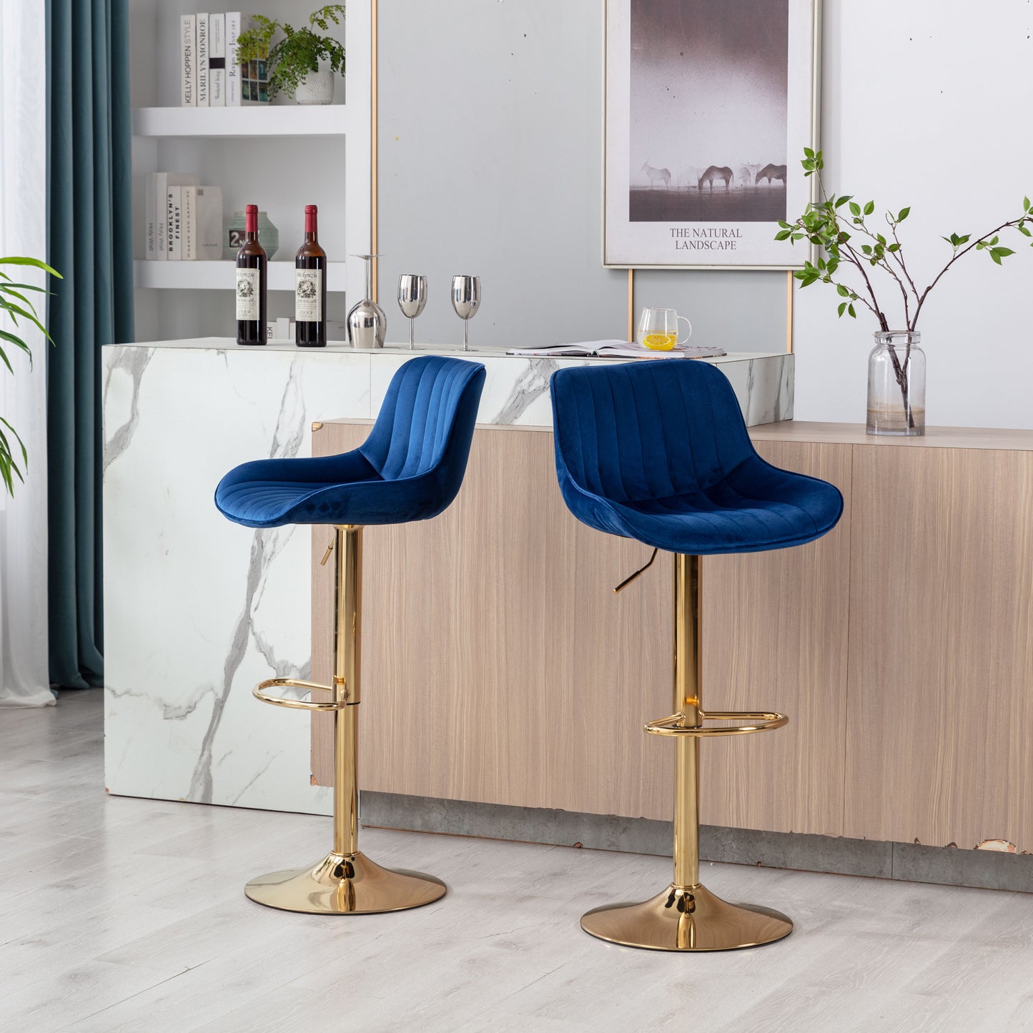 Height Adjustable Velvet Bar Stool Set of 2 with Chrome Footrest & Golden Legs, Swivel Design, Navy