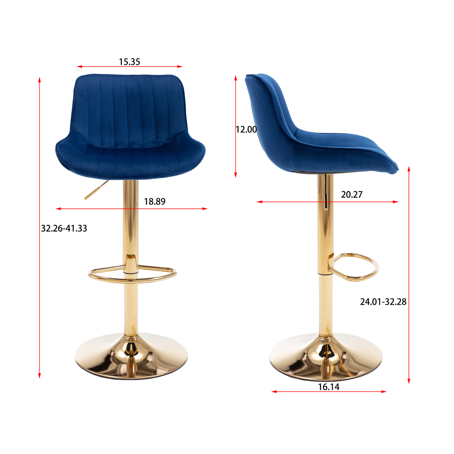 Height Adjustable Velvet Bar Stool Set of 2 with Chrome Footrest & Golden Legs, Swivel Design, Navy
