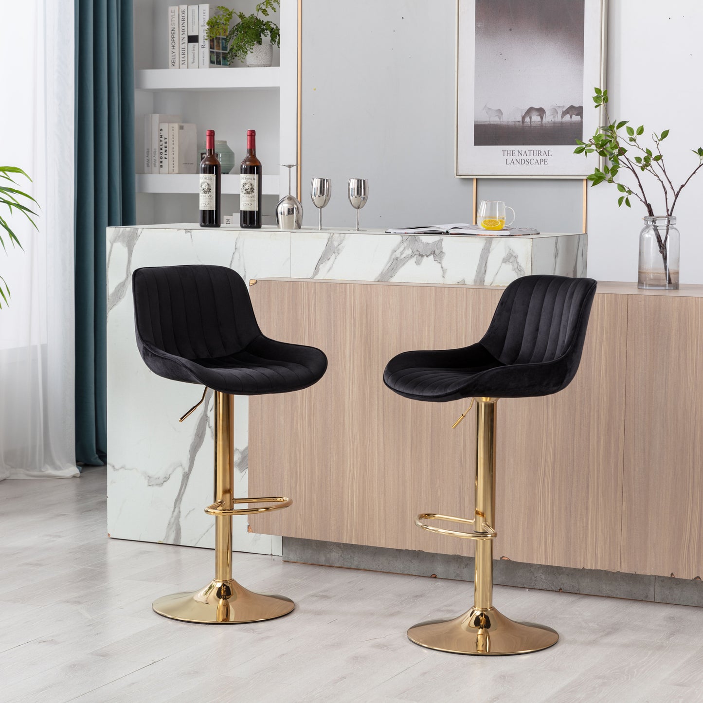 Set of 2 Adjustable Velvet Bar Stools with Chrome Footrest & Golden Legs, Swivel Design, Modern Black