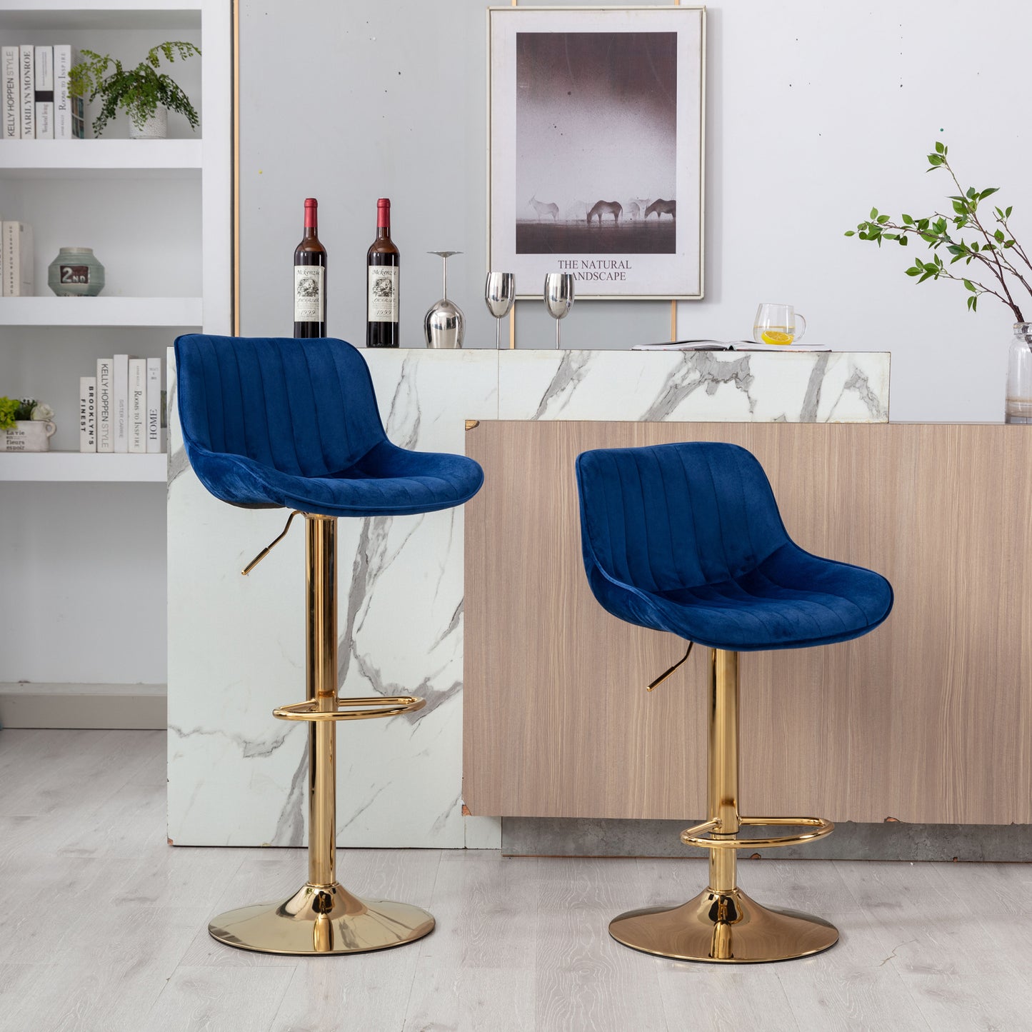 Height Adjustable Velvet Bar Stool Set of 2 with Chrome Footrest & Golden Legs, Swivel Design, Navy