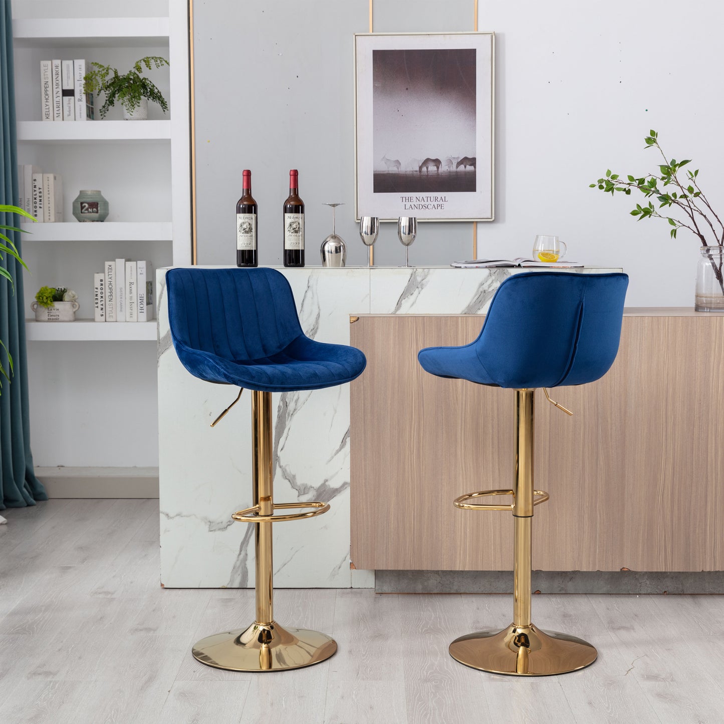 Height Adjustable Velvet Bar Stool Set of 2 with Chrome Footrest & Golden Legs, Swivel Design, Navy
