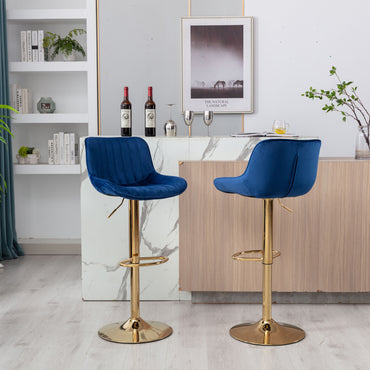 Height Adjustable Velvet Bar Stool Set of 2 with Chrome Footrest & Golden Legs, Swivel Design, Navy