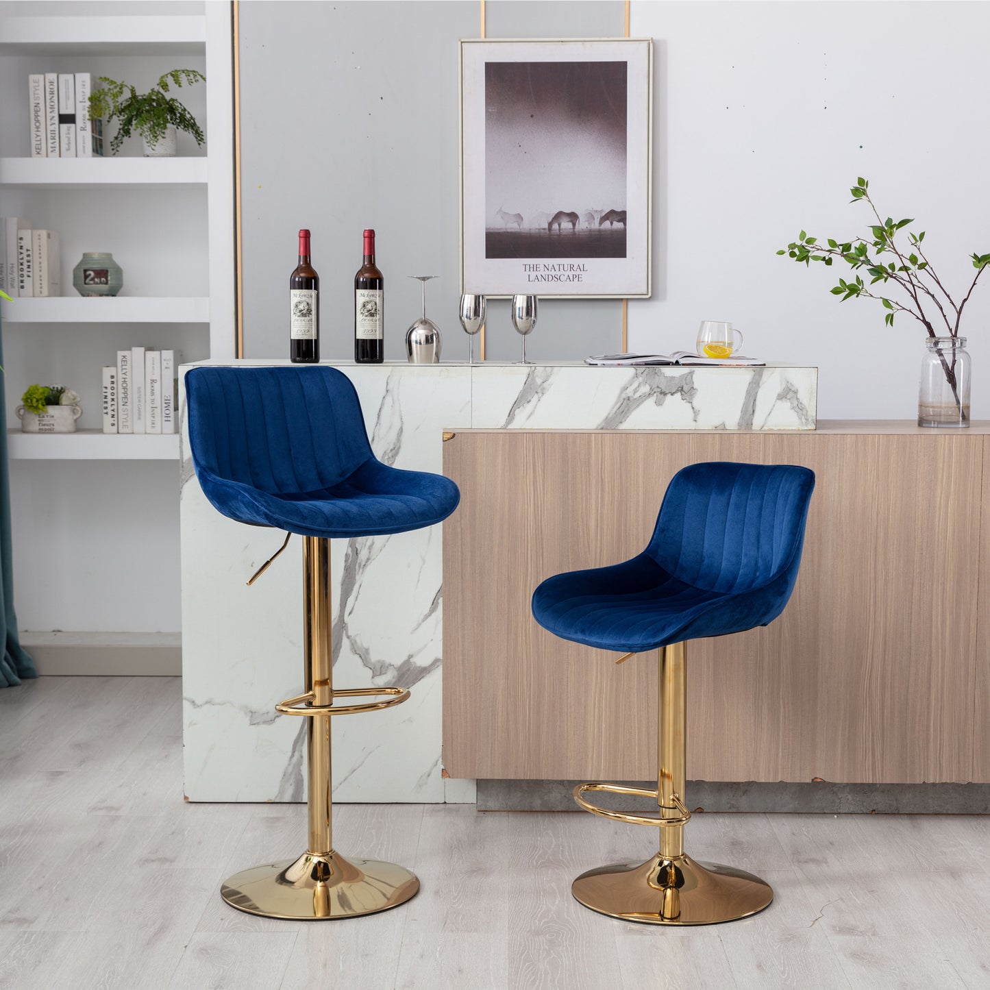 Height Adjustable Velvet Bar Stool Set of 2 with Chrome Footrest & Golden Legs, Swivel Design, Navy