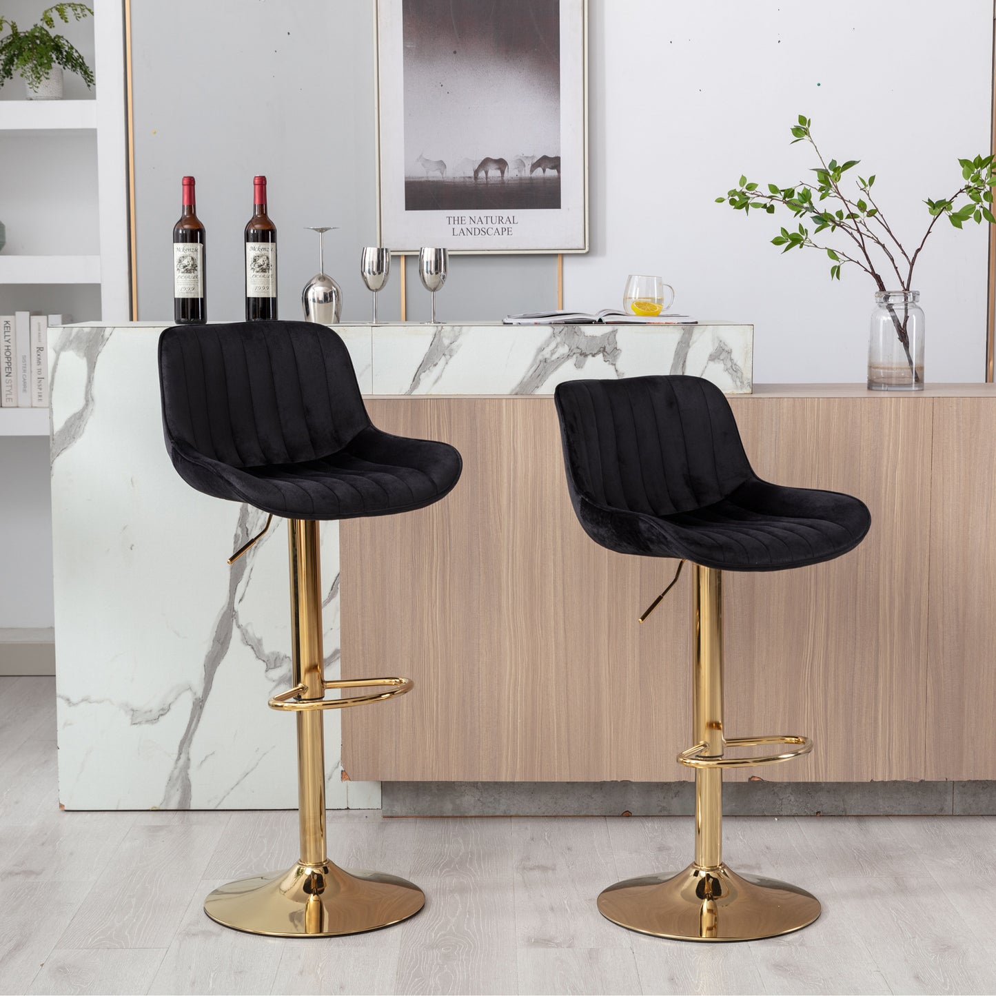 Set of 2 Adjustable Velvet Bar Stools with Chrome Footrest & Golden Legs, Swivel Design, Modern Black