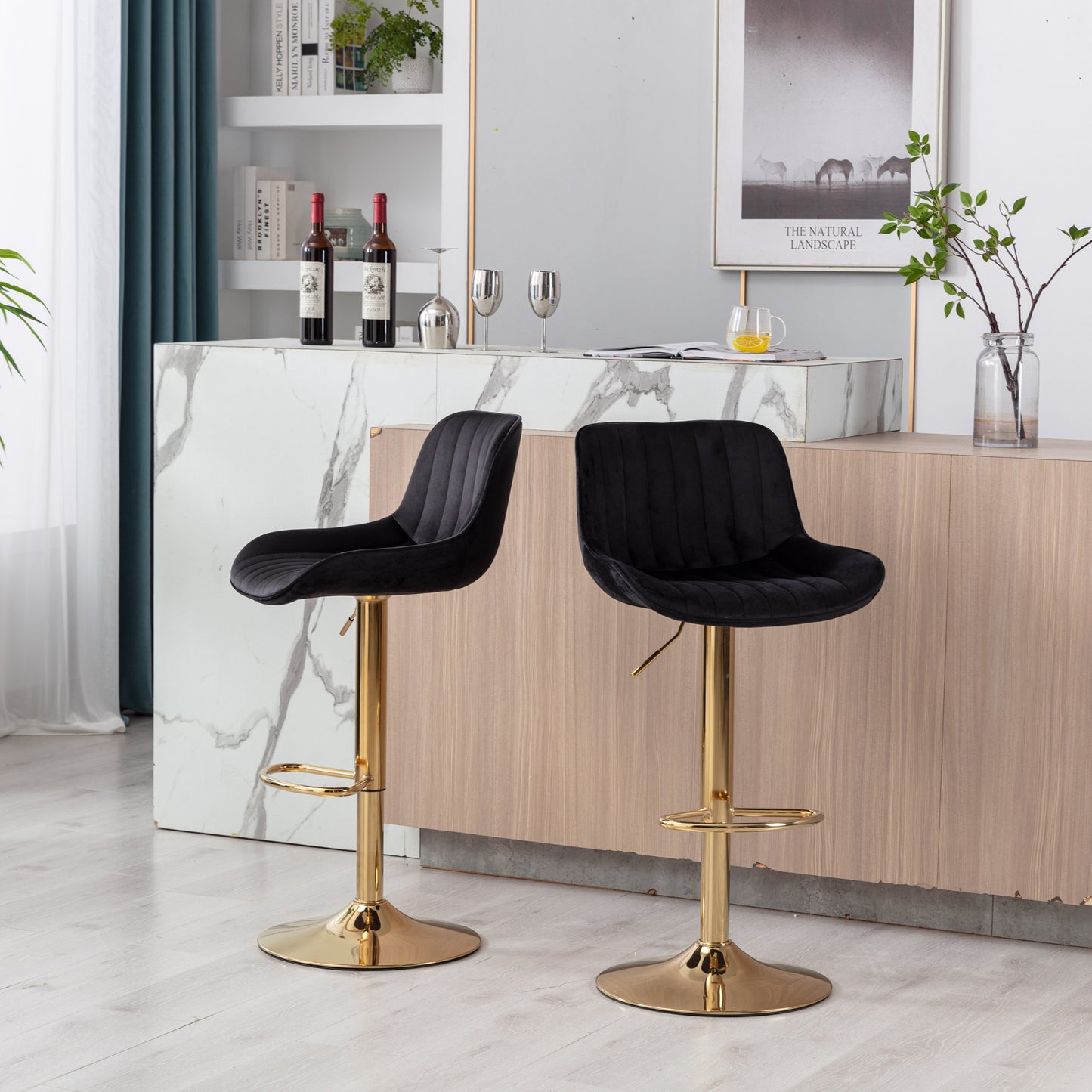Set of 2 Adjustable Velvet Bar Stools with Chrome Footrest & Golden Legs, Swivel Design, Modern Black