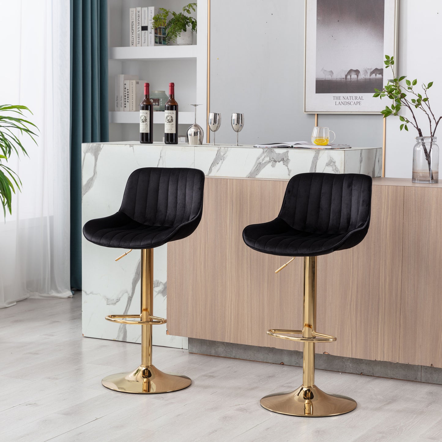 Set of 2 Adjustable Velvet Bar Stools with Chrome Footrest & Golden Legs, Swivel Design, Modern Black