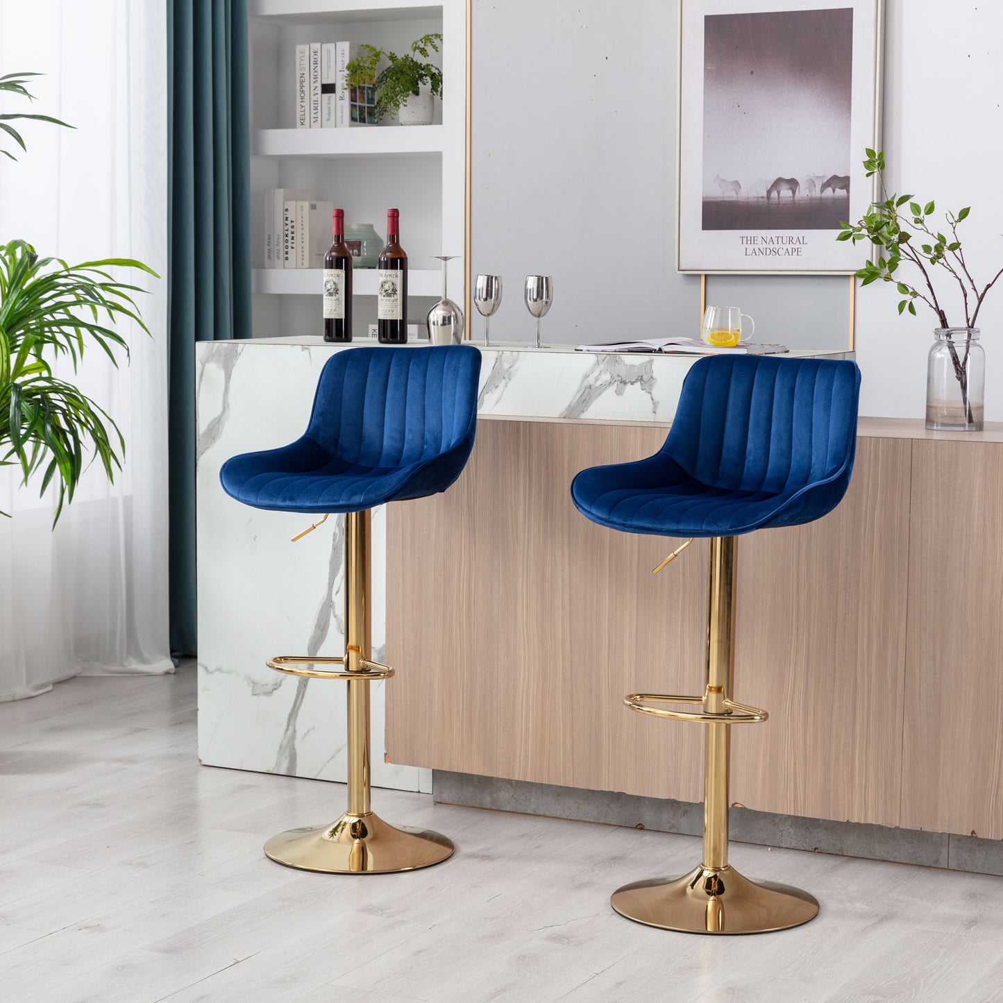 Height Adjustable Velvet Bar Stool Set of 2 with Chrome Footrest & Golden Legs, Swivel Design, Navy