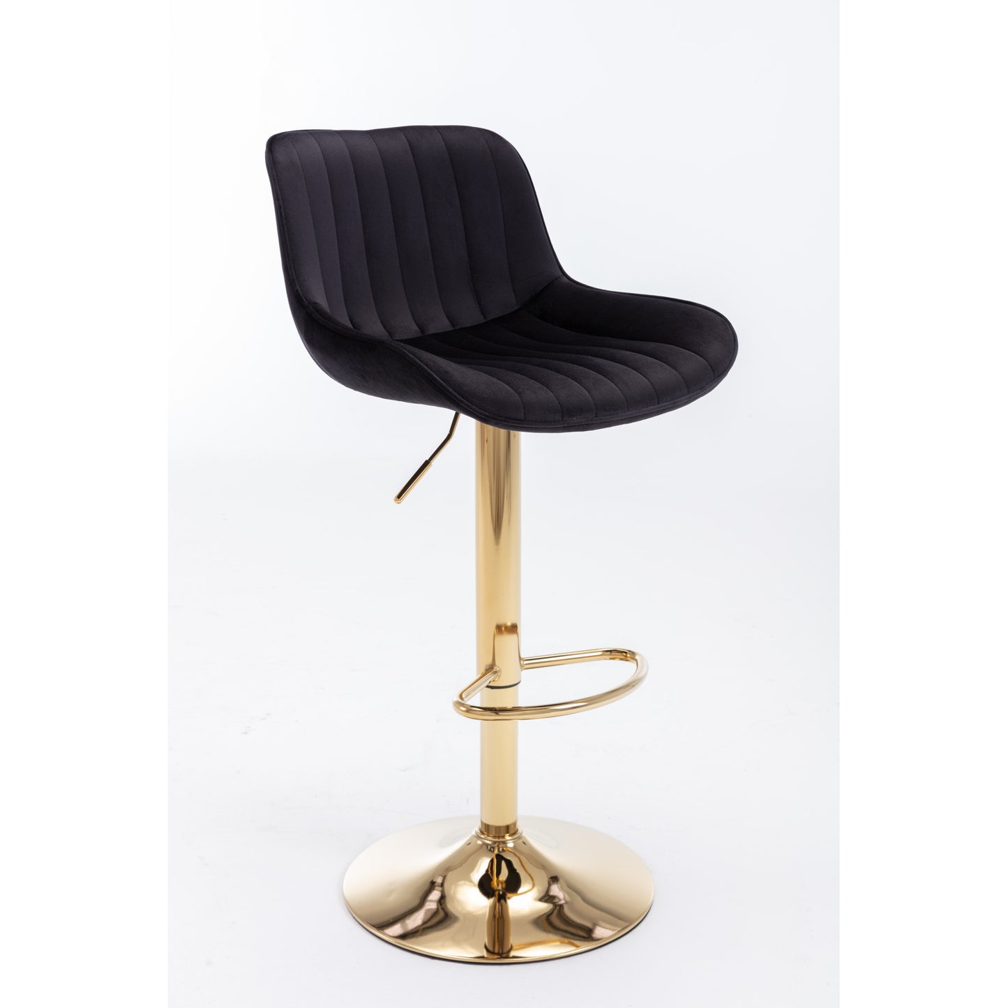 Set of 2 Adjustable Velvet Bar Stools with Chrome Footrest & Golden Legs, Swivel Design, Modern Black
