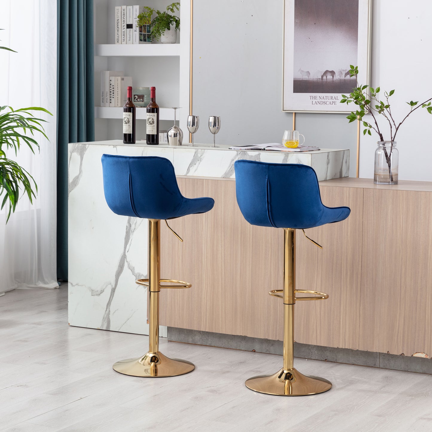 Height Adjustable Velvet Bar Stool Set of 2 with Chrome Footrest & Golden Legs, Swivel Design, Navy