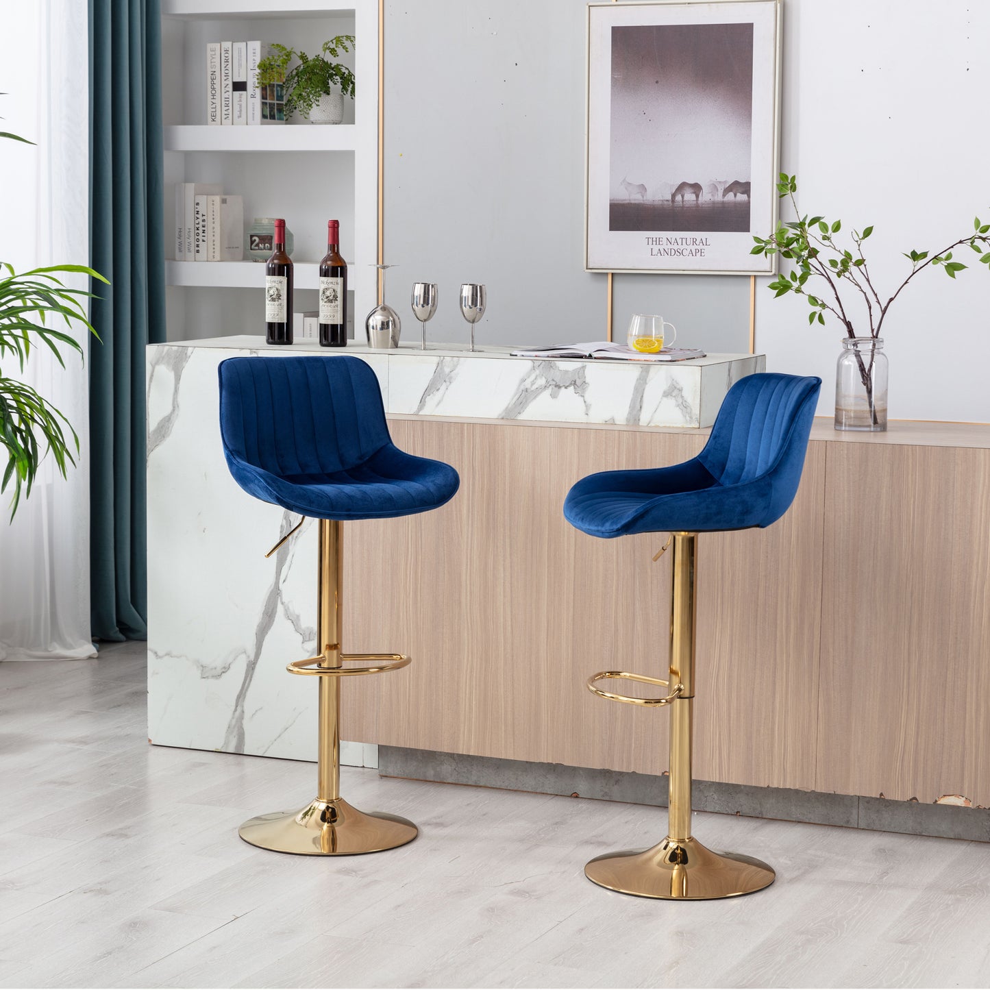 Height Adjustable Velvet Bar Stool Set of 2 with Chrome Footrest & Golden Legs, Swivel Design, Navy