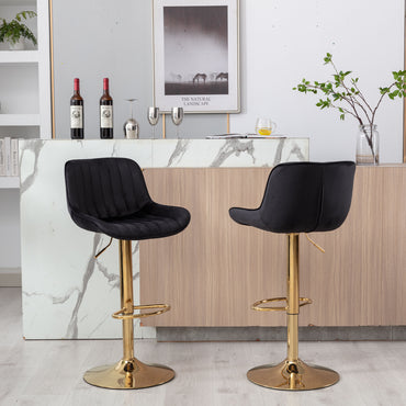 Set of 2 Adjustable Velvet Bar Stools with Chrome Footrest & Golden Legs, Swivel Design, Modern Black