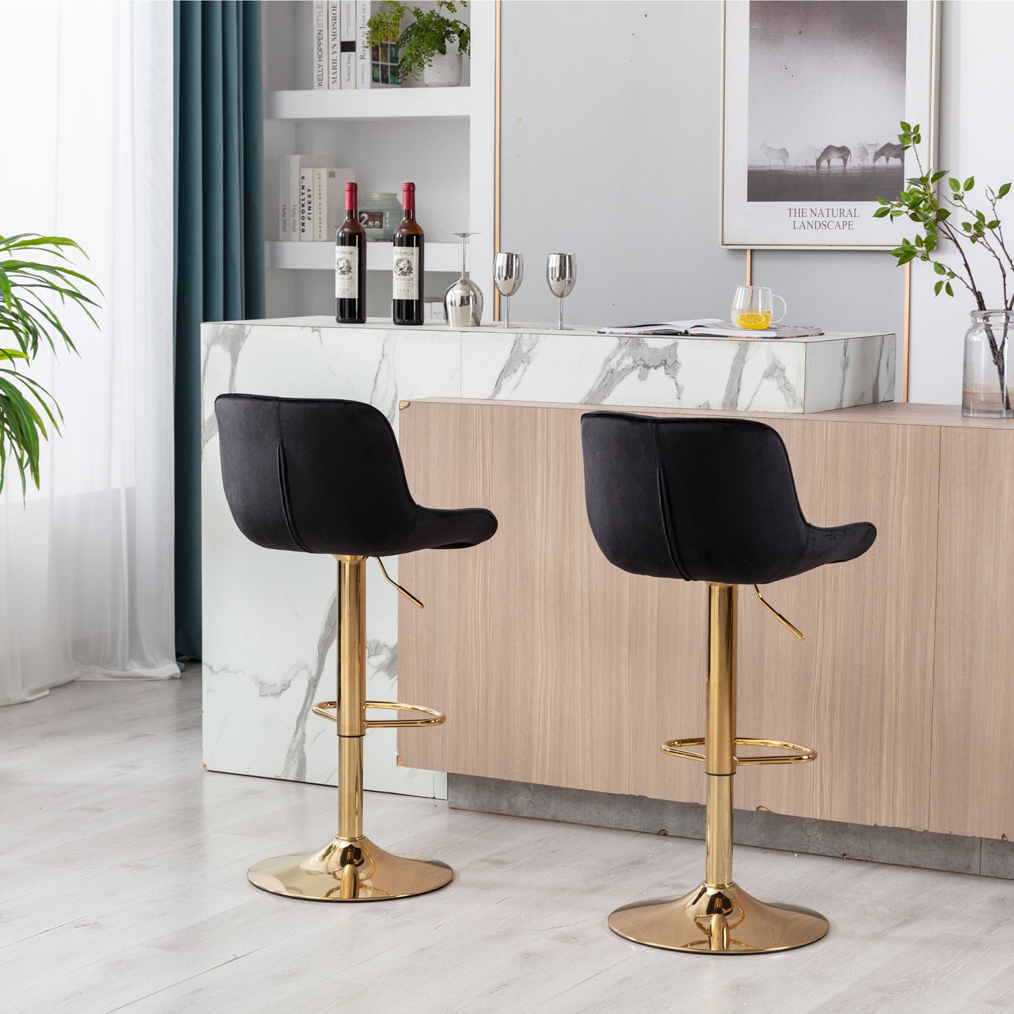 Set of 2 Adjustable Velvet Bar Stools with Chrome Footrest & Golden Legs, Swivel Design, Modern Black