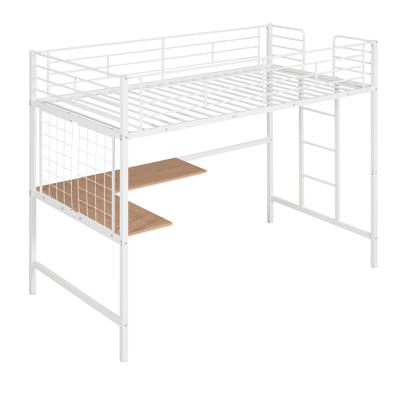 Twin Metal Loft Bed with Desk and Metal Grid - Space-Saving White Bedroom Furniture for Kids and Teens