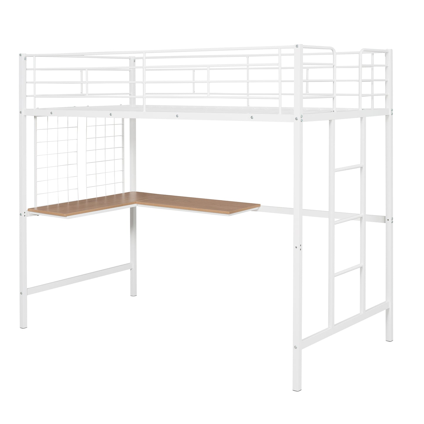 Twin Metal Loft Bed with Desk and Metal Grid - Space-Saving White Bedroom Furniture for Kids and Teens