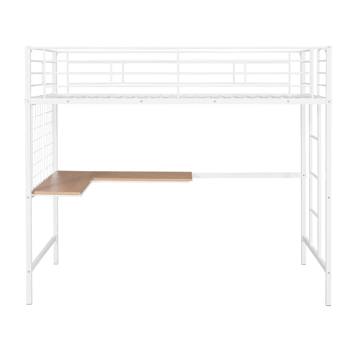 Twin Metal Loft Bed with Desk and Metal Grid - Space-Saving White Bedroom Furniture for Kids and Teens