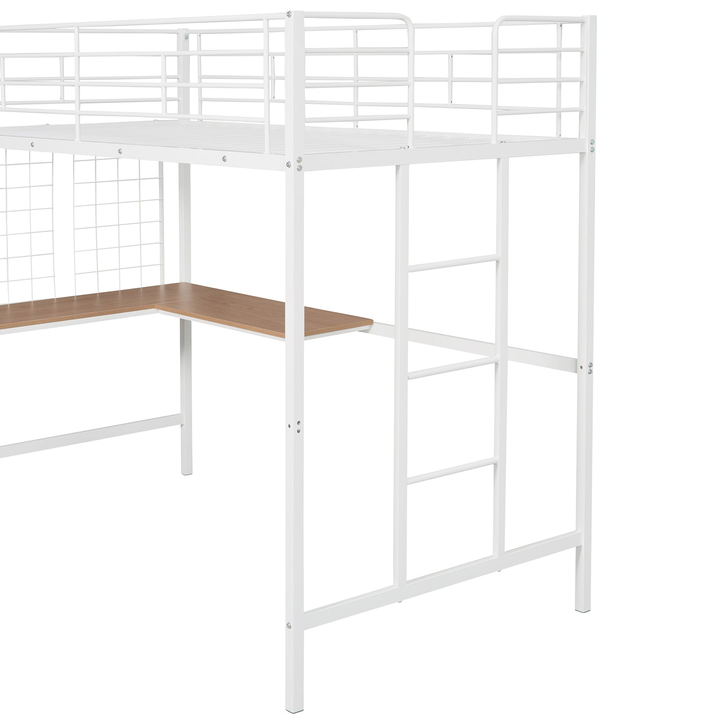 Twin Metal Loft Bed with Desk and Metal Grid - Space-Saving White Bedroom Furniture for Kids and Teens