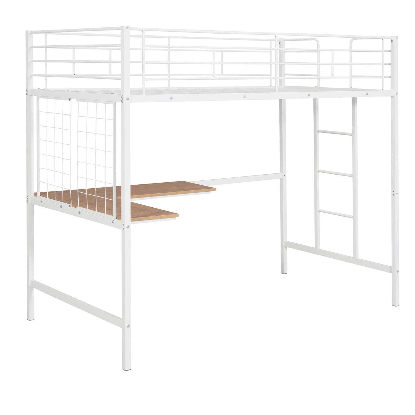 Twin Metal Loft Bed with Desk and Metal Grid - Space-Saving White Bedroom Furniture for Kids and Teens