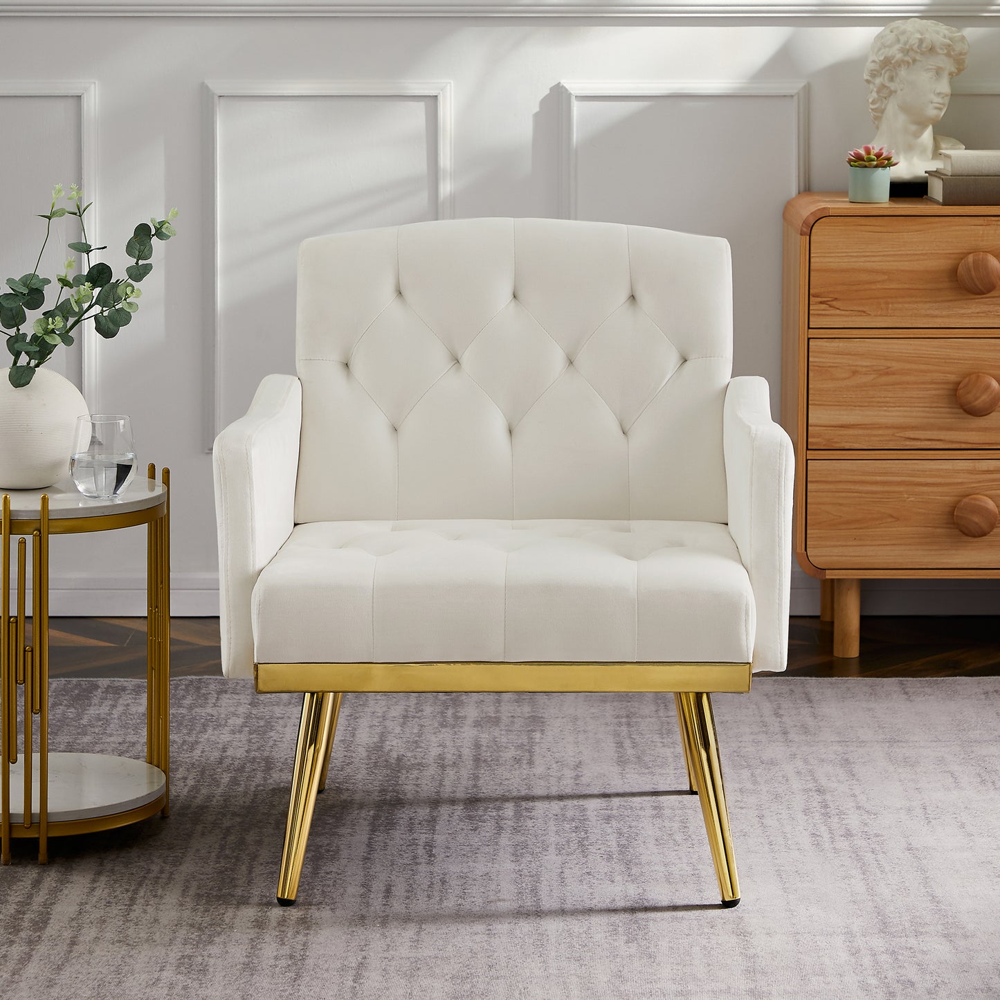 Cream White Velvet Armchair with Metal Legs - Elegant Modern Seating for Living Room, Bedroom, Home Office