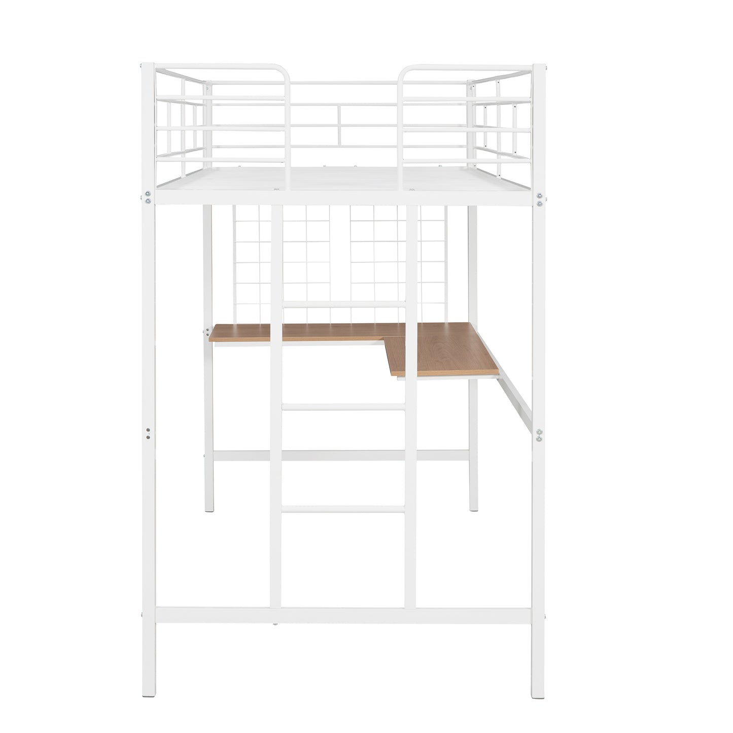 Twin Metal Loft Bed with Desk and Metal Grid - Space-Saving White Bedroom Furniture for Kids and Teens