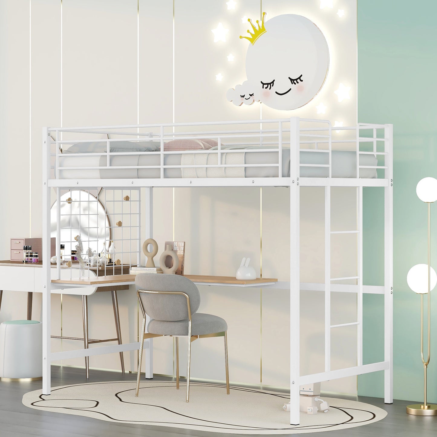 Twin Metal Loft Bed with Desk and Metal Grid - Space-Saving White Bedroom Furniture for Kids and Teens