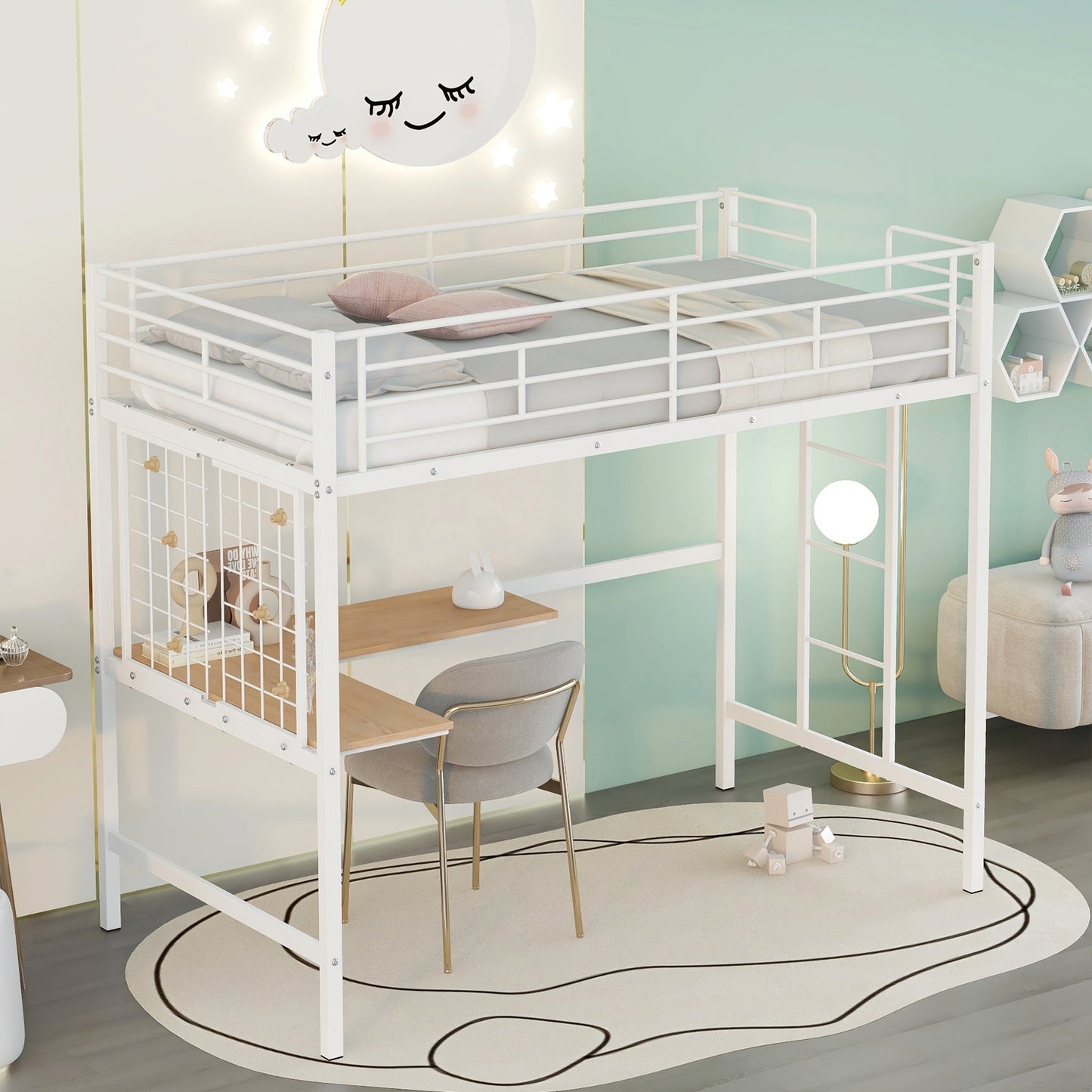 Twin Metal Loft Bed with Desk and Metal Grid - Space-Saving White Bedroom Furniture for Kids and Teens