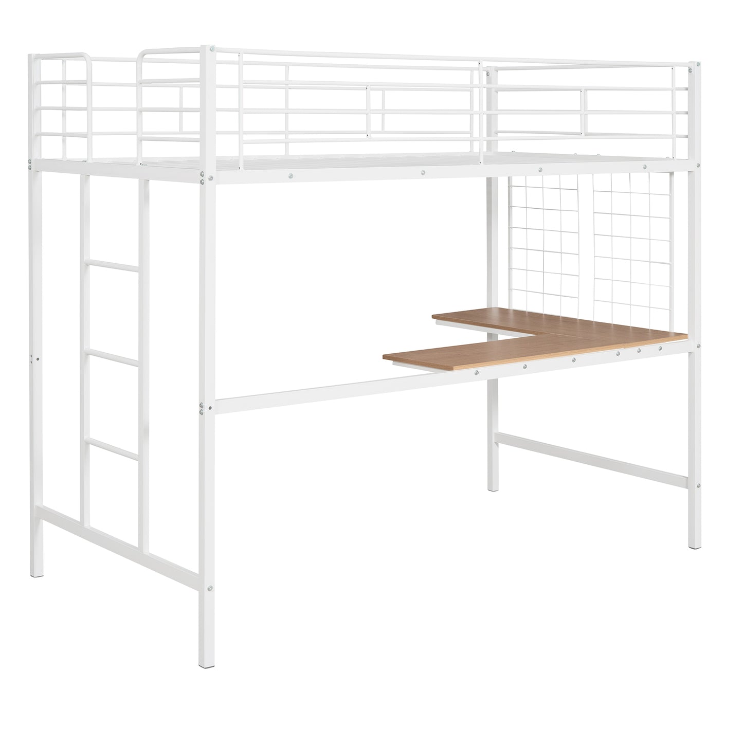 Twin Metal Loft Bed with Desk and Metal Grid - Space-Saving White Bedroom Furniture for Kids and Teens