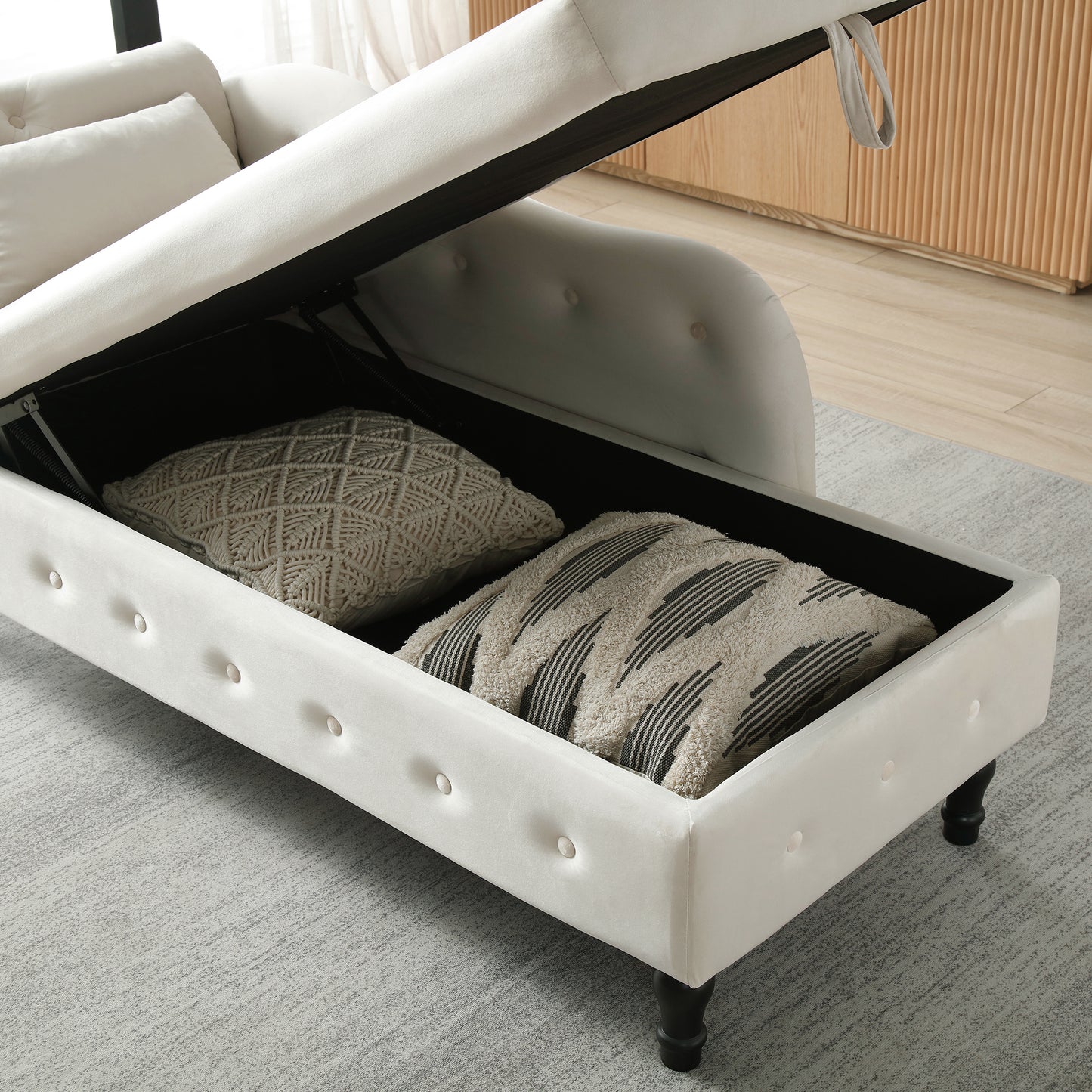 60 Velvet Multifunctional Storage Chaise Lounge, Buttons Tufted, Nailhead Trim, Solid Wood Legs, 1 Pillow, Beige