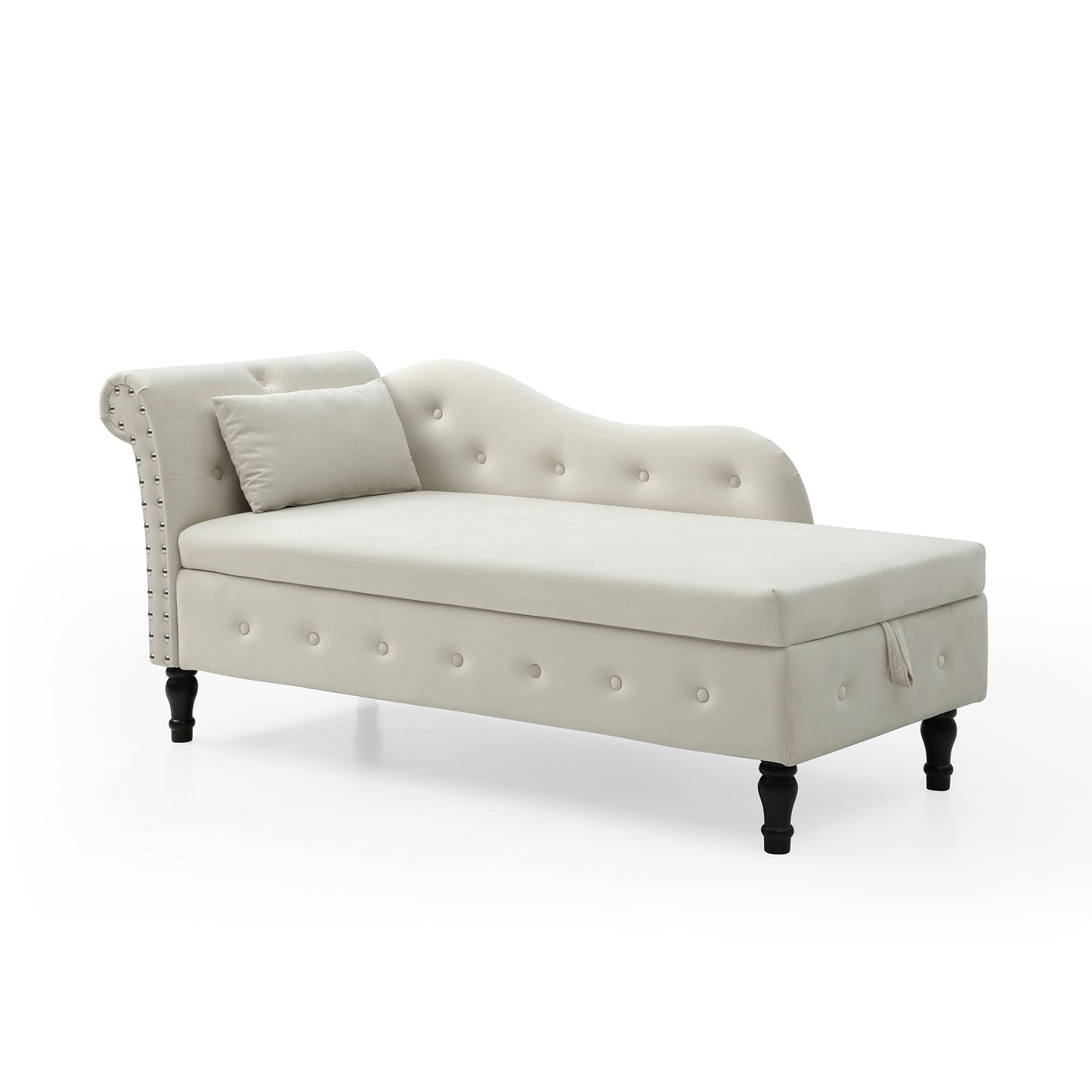 60 Velvet Multifunctional Storage Chaise Lounge, Buttons Tufted, Nailhead Trim, Solid Wood Legs, 1 Pillow, Beige