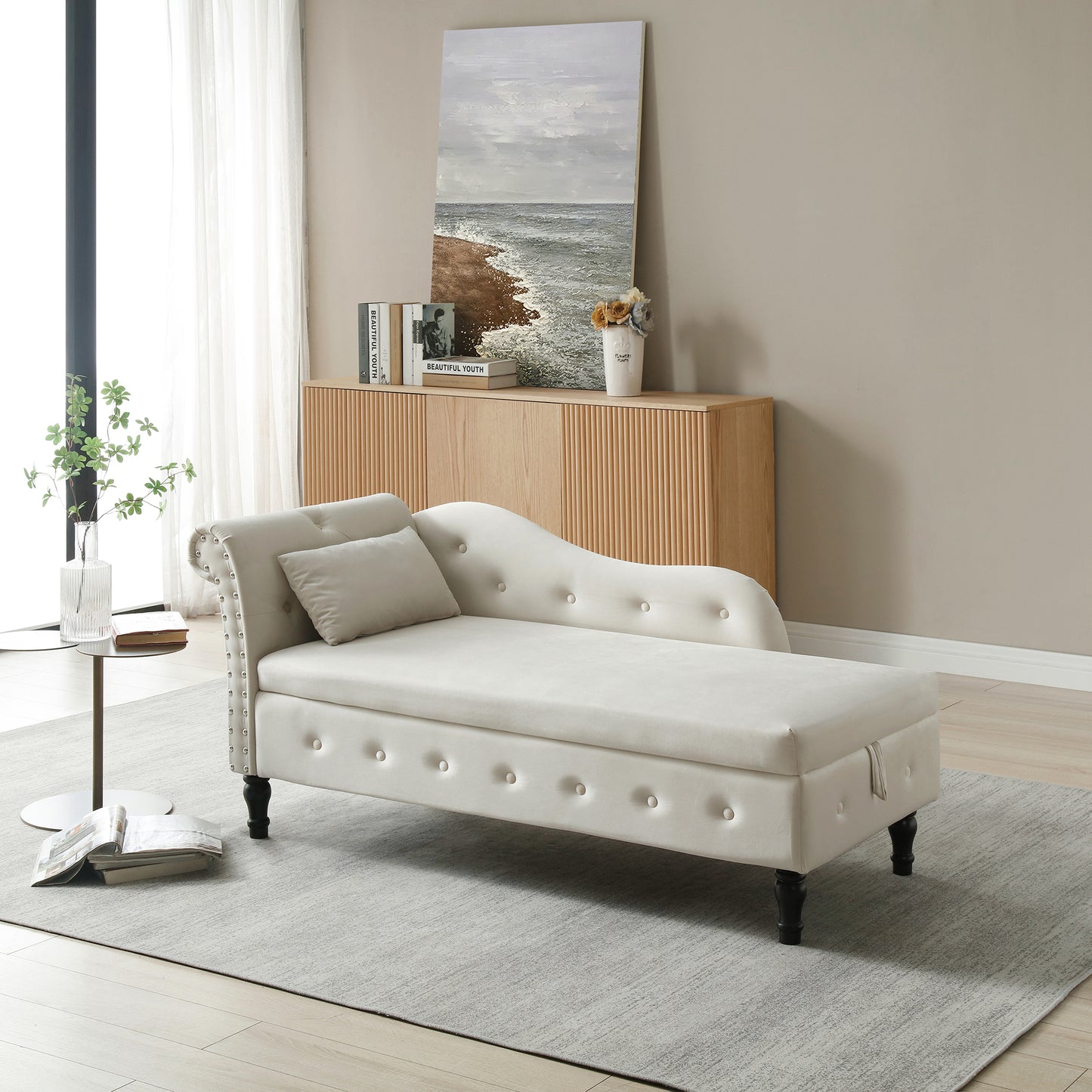 60 Velvet Multifunctional Storage Chaise Lounge, Buttons Tufted, Nailhead Trim, Solid Wood Legs, 1 Pillow, Beige