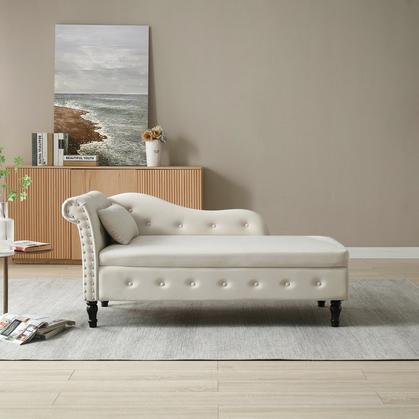 60 Velvet Multifunctional Storage Chaise Lounge, Buttons Tufted, Nailhead Trim, Solid Wood Legs, 1 Pillow, Beige