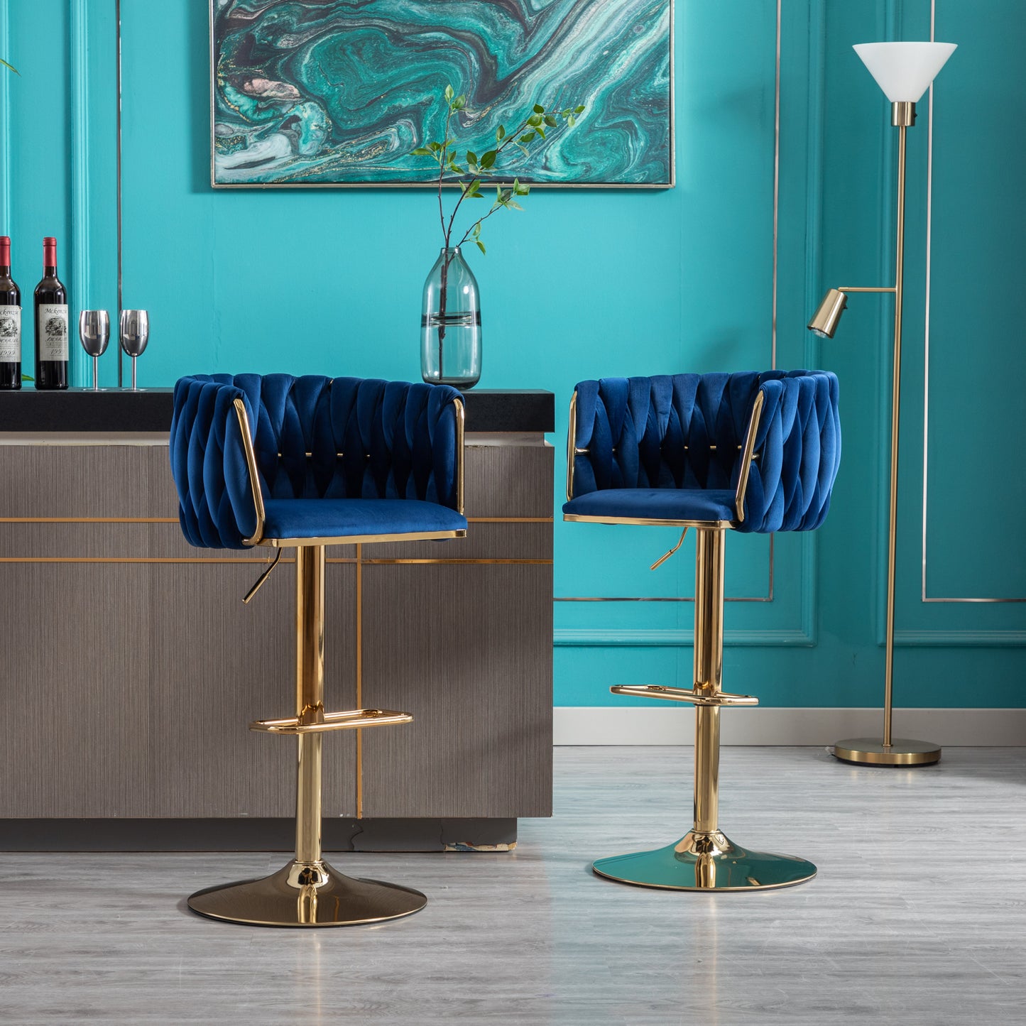 Set of 2 Bar Stools, Swivel Height Adjustable, Velvet with Chrome Footrest, Gold Legs, Modern Simple Design, Navy Blue